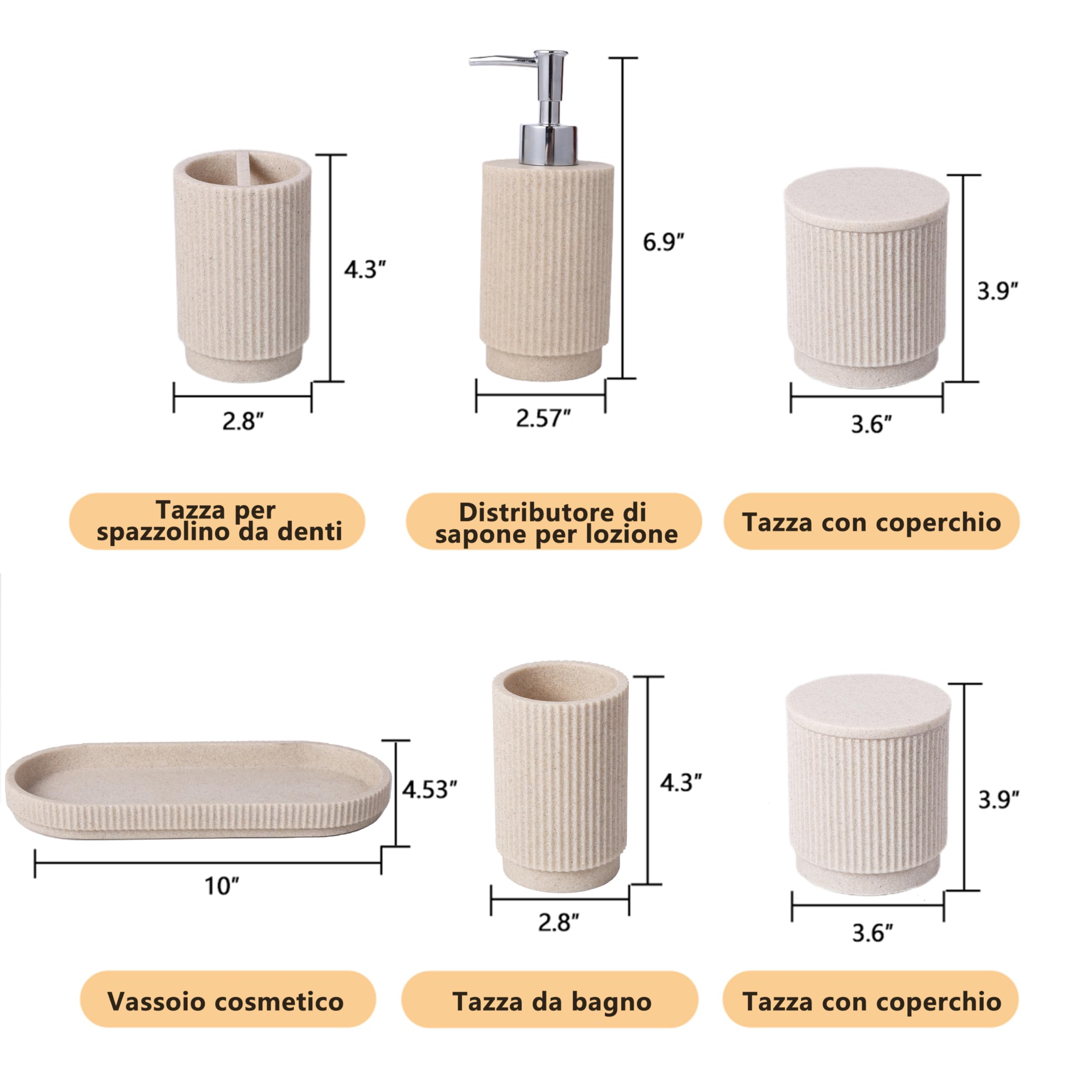 Set Bagno 6 Pezzi – Dispensatore Sapone + Set Bicchiere Dentifricio con Vassoio & Porta Cotton Fioc – Design Righe (Beige), Resina Premium – Include Portaspazzolini & Organizzatore