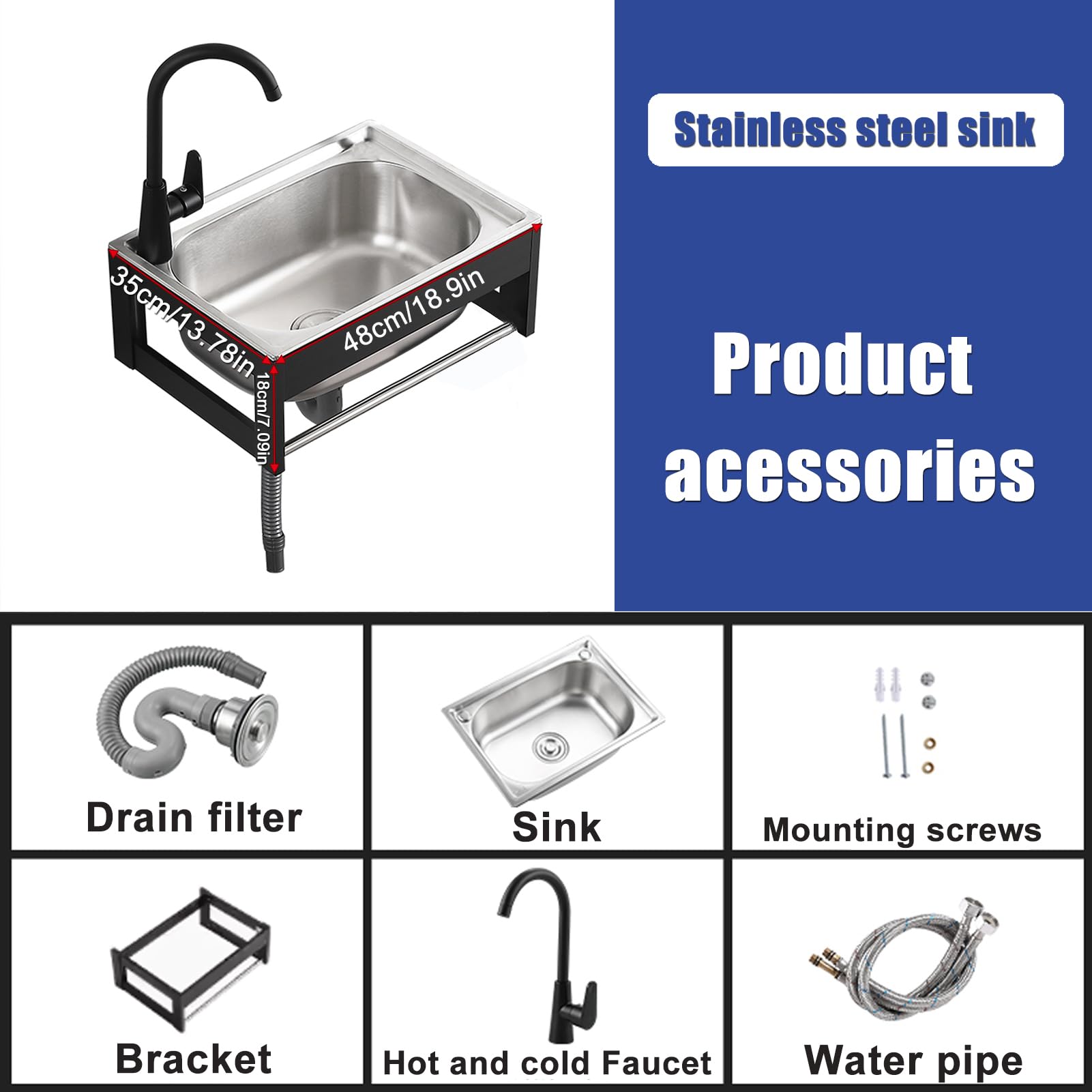 Lavello da parete in acciaio inox commerciale con rubinetto, facile da pulire, ideale per cucina, bagno e ristorante, 38 x 32 cm, design pesante, 48 x 35 cm