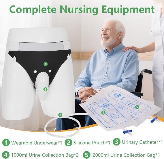 Urine Collection Bag Condom Catheters for Men Reusable Portable Wearable Urinary Drainage with (2000 ML*1+1000 ML*2) Urine Catheter Bag System (Black-Elderly Men)