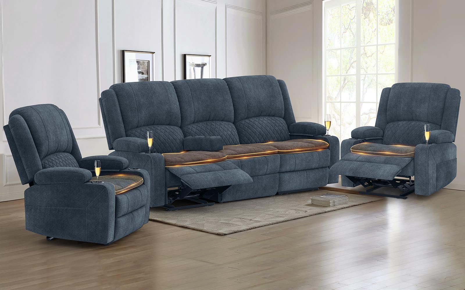3 Seater Recliner Sofa Set with 2-Tier Cushion, 3+1+1 Pieces in Living Room, 3 Seater Reclining Couch Leather with Removable Console, 2 Oversize Recliner Chair Sofa Seat