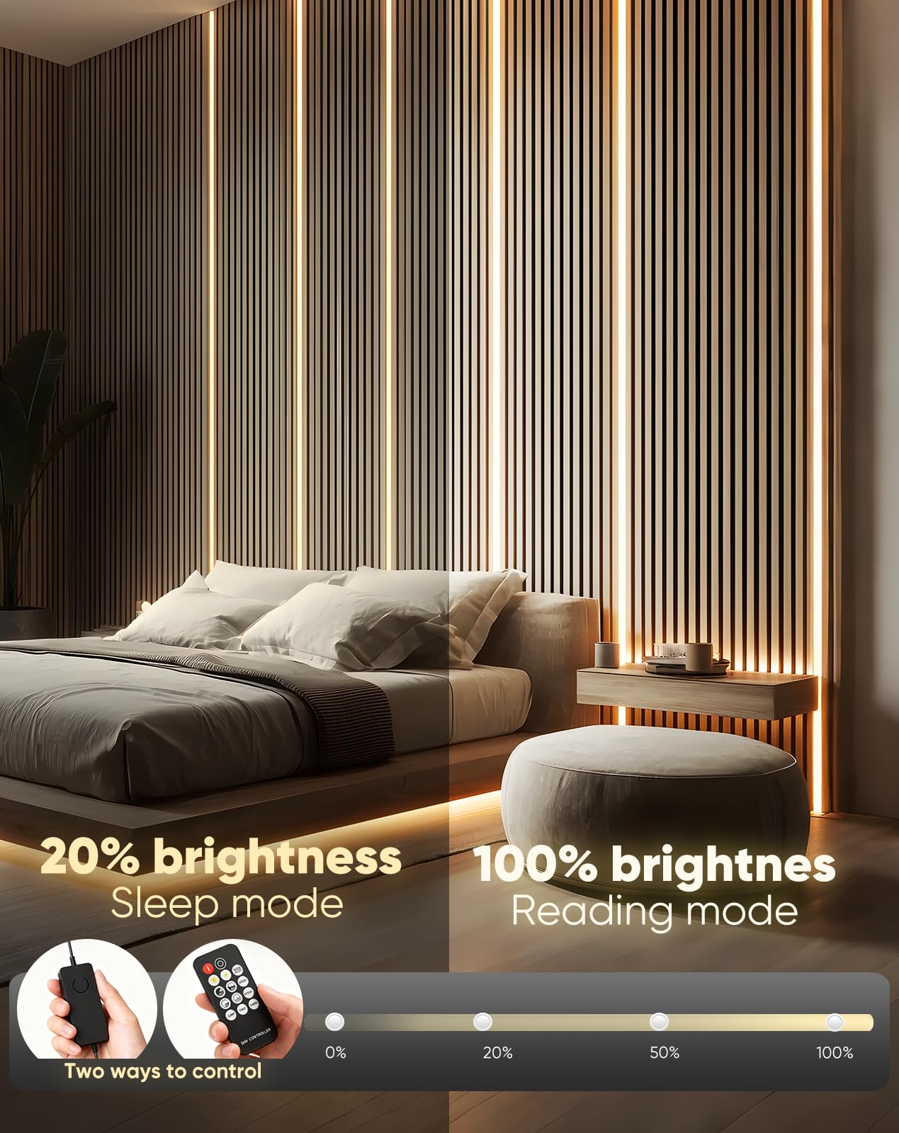 Kit de luces LED empotrables, flexibles y cortables, luces LED blancas cálidas de 3000 K, tiras de luces autoadhesivas regulables para paredes de listones de madera, paneles