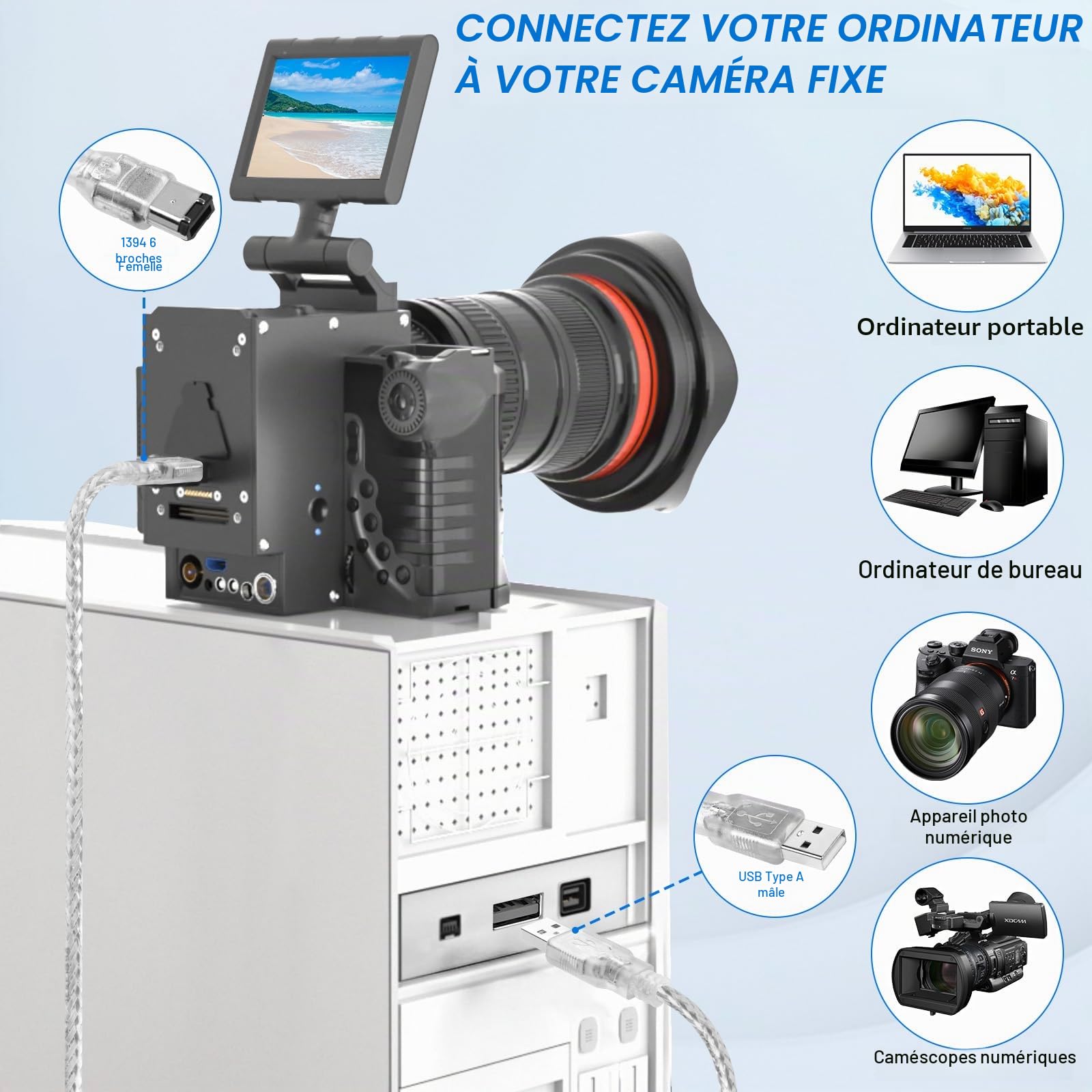 Herfair Câble USB vers mâle 6 broches, adaptateur de transfert de données, convertisseur iLink FireWire 400 DV pour ordinateur portable vers caméscope, caméra DV, 1,8 m