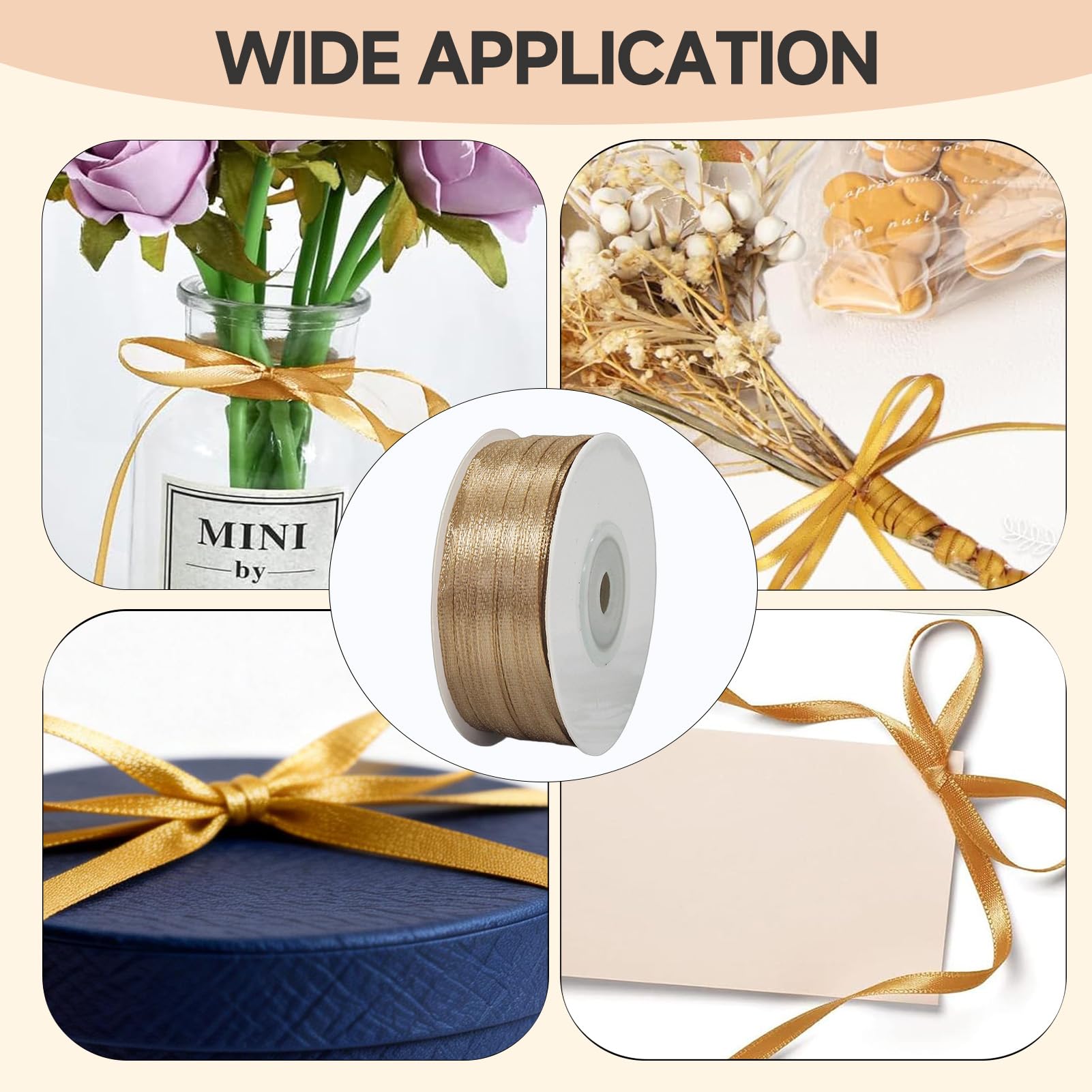 Nastro di raso da 182 m, nastro regalo color oro champagne, nastro regalo color oro champagne, nastro di raso da 3 mm, nastro per fiocco da sposa, nastri in poliestere