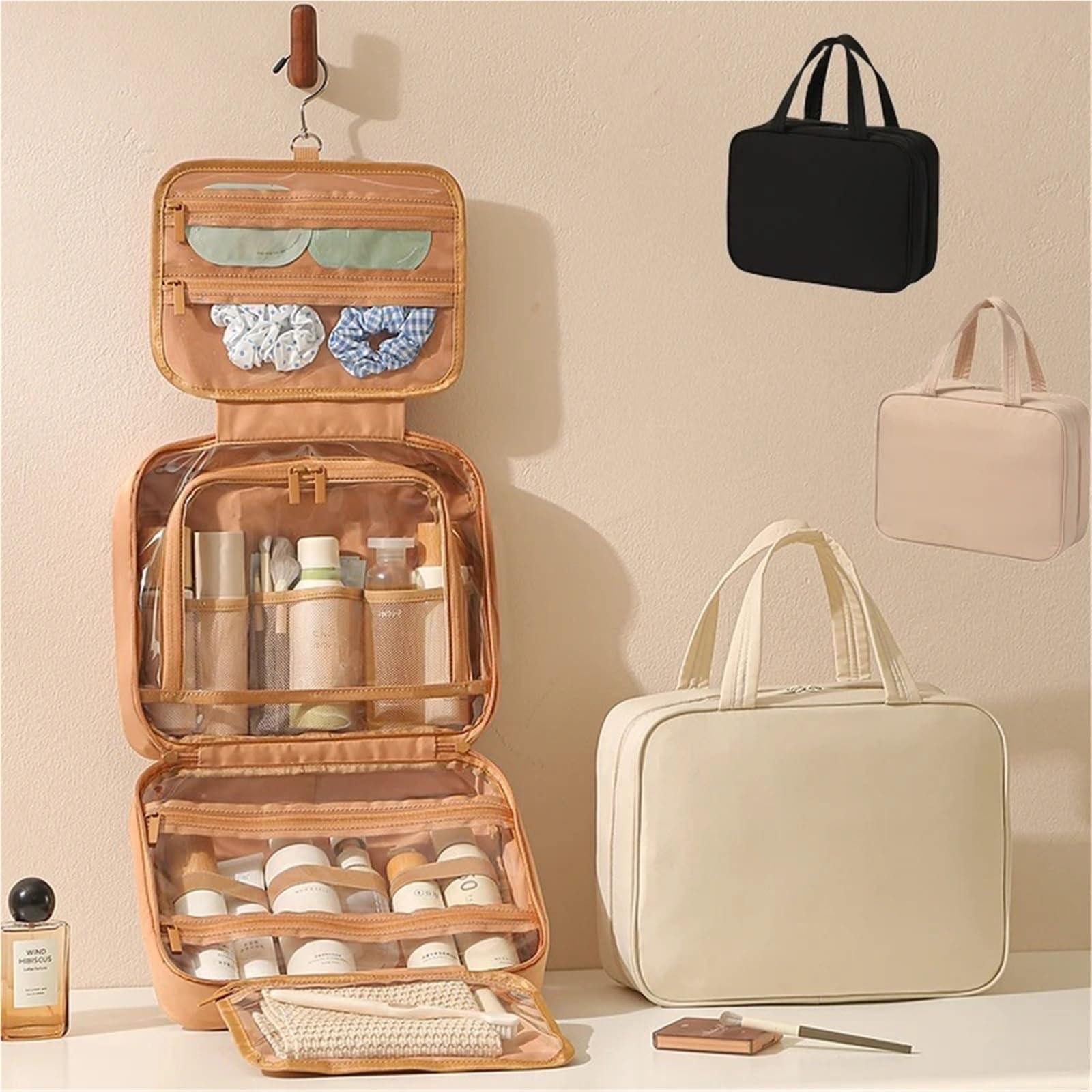 Borsa for cosmetici sospesa da 2 pezzi for donna, organizer portatile for trucco, borse toilette viaggio di grande capacità Per Viaggi(Langmu Black)