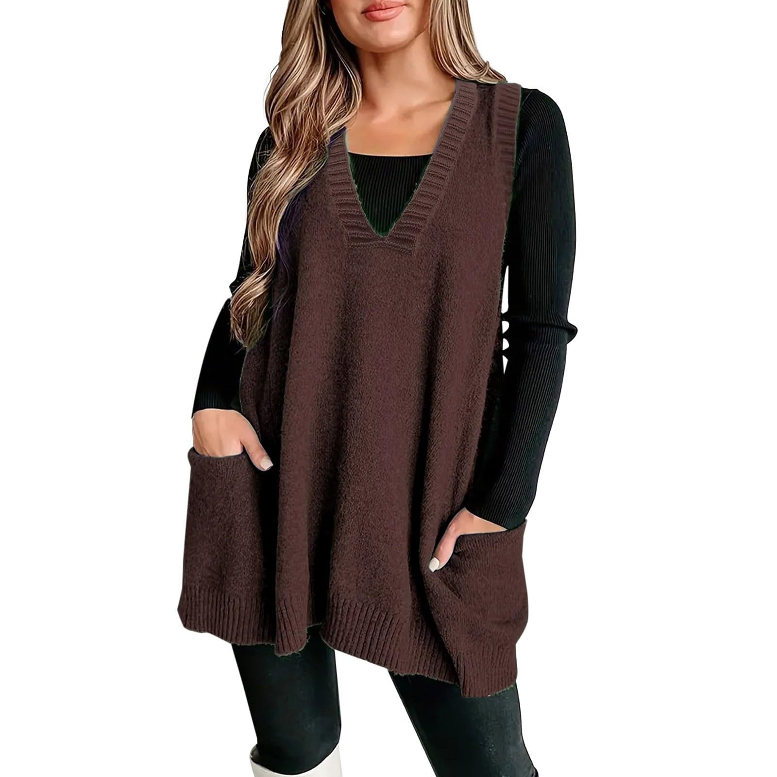 Womens Sleeveless Sweater Vest Oversized V Neck Knit Sweaters Casual Loose Flattering Tunic Top with Pockets