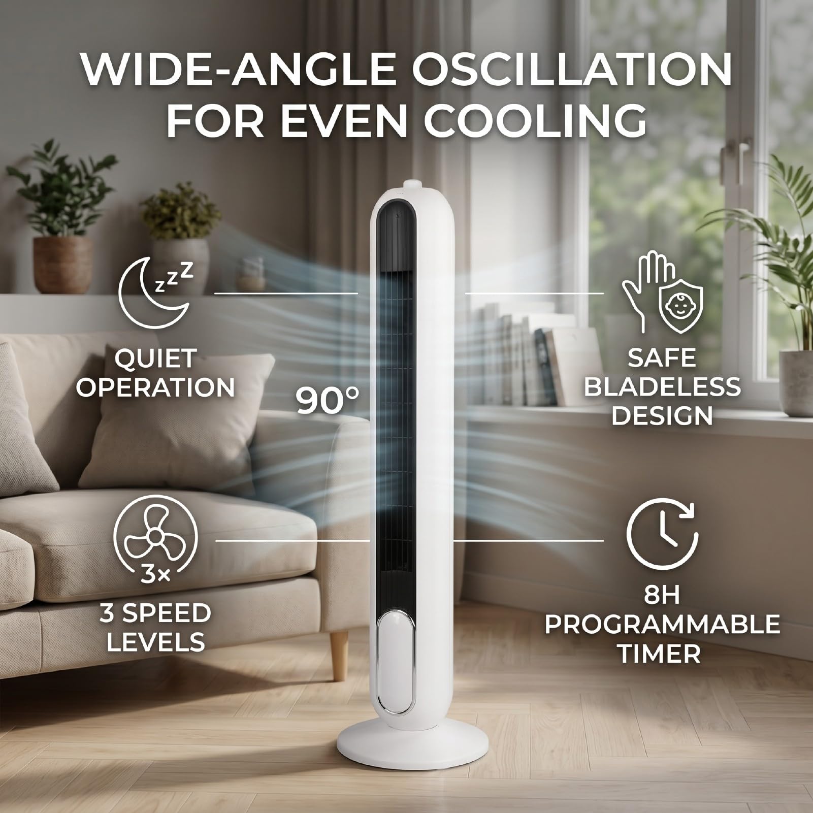 BRRNOO Wentylator Wieżowy Bezśmigłowy 90° z Szerokim Kątem Oscylacji, Stojący Wentylator z 3 Prędkościami i Timerem do Użytku w Sypialni i biurze. (Wtyczka amerykańska 220V)