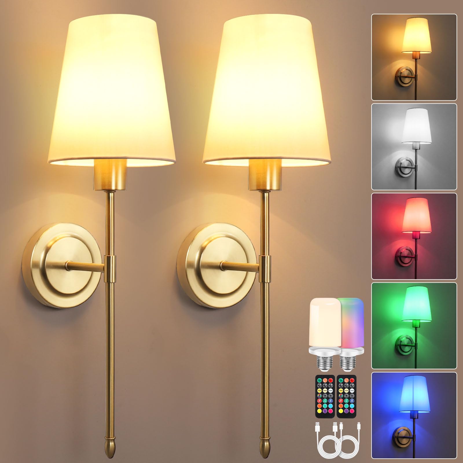 Lampara pared Sin Cable, E27 Aplique pared Interior, 6000mAh Apliques Sin Cable Batteria Regulable, Lamparas Inalambricas con Mando a Distancia, para Salón, Dormitorio, 2 Piezas