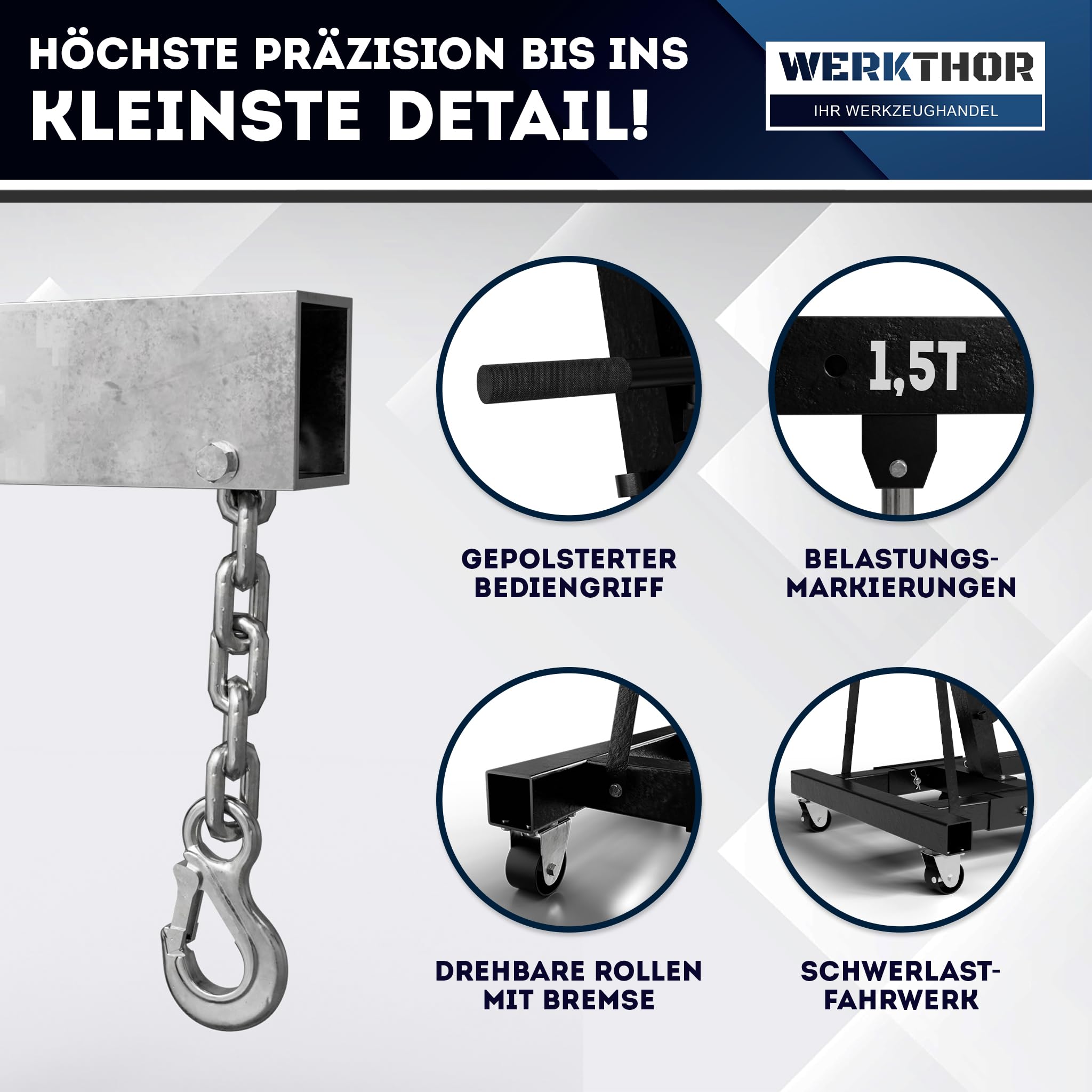WERKTHOR Motorkran 500kg klappbar für Werkstatt – Motorheber 500KG hydraulisch & platzsparend – Werkstattkran schwarz mit 6 Rollen – Profi Hebekran für Motoren & Getriebe