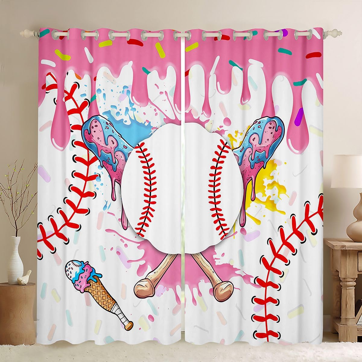 Homewish Baseballowe zasłony okienne, 117 x 183 cm, 2 panele – urocze estetyczne zasłony zaciemniające z lodami, pastelowe różowe, graffiti, sportowe zasłony okienne, do sypialni