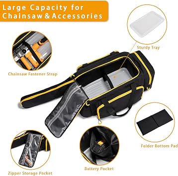 Chainsaw Case, Durable Chainsaw Bag with Removable Spill-proof & Wipe-clean Tray, Chainsaws Carrying Case Compatible with Greenworks, EGO Power+, Dewalt 14''/16''/18'' Cordless Chainsaws & Accessories