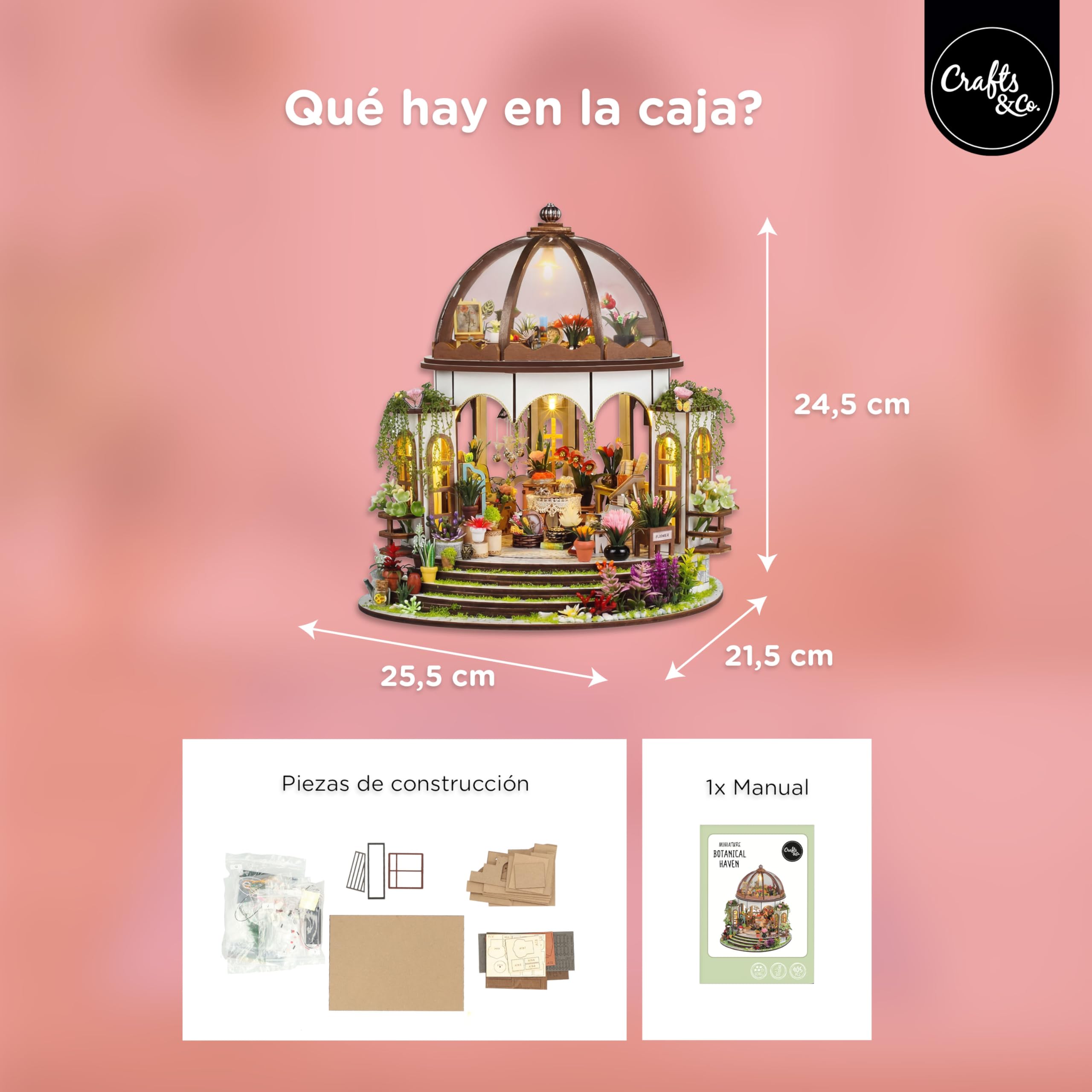 Crafts&Co® Casa en Miniatura DIY | Maqueta con Iluminación LED | Kit de Construcción 405 Piezas para Adultos | Casa de Muñecas para Montar con Accesorios y Herramientas | 25,5 x 21,5 x 24,5 cm
