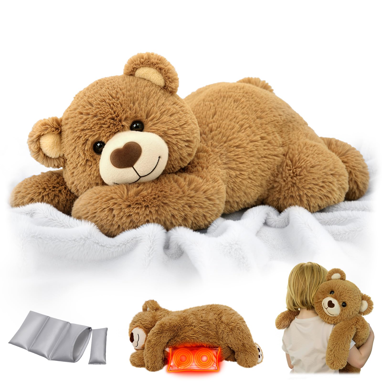 Mewaii Peluche Orso Marrone Riscaldabile e Ponderato da 23 Pollici con Cuscinetto Rimovibile – Morbido Cuscino da Abbraccio per Bambini e Adulti, Regalo Caldo e Accogliente