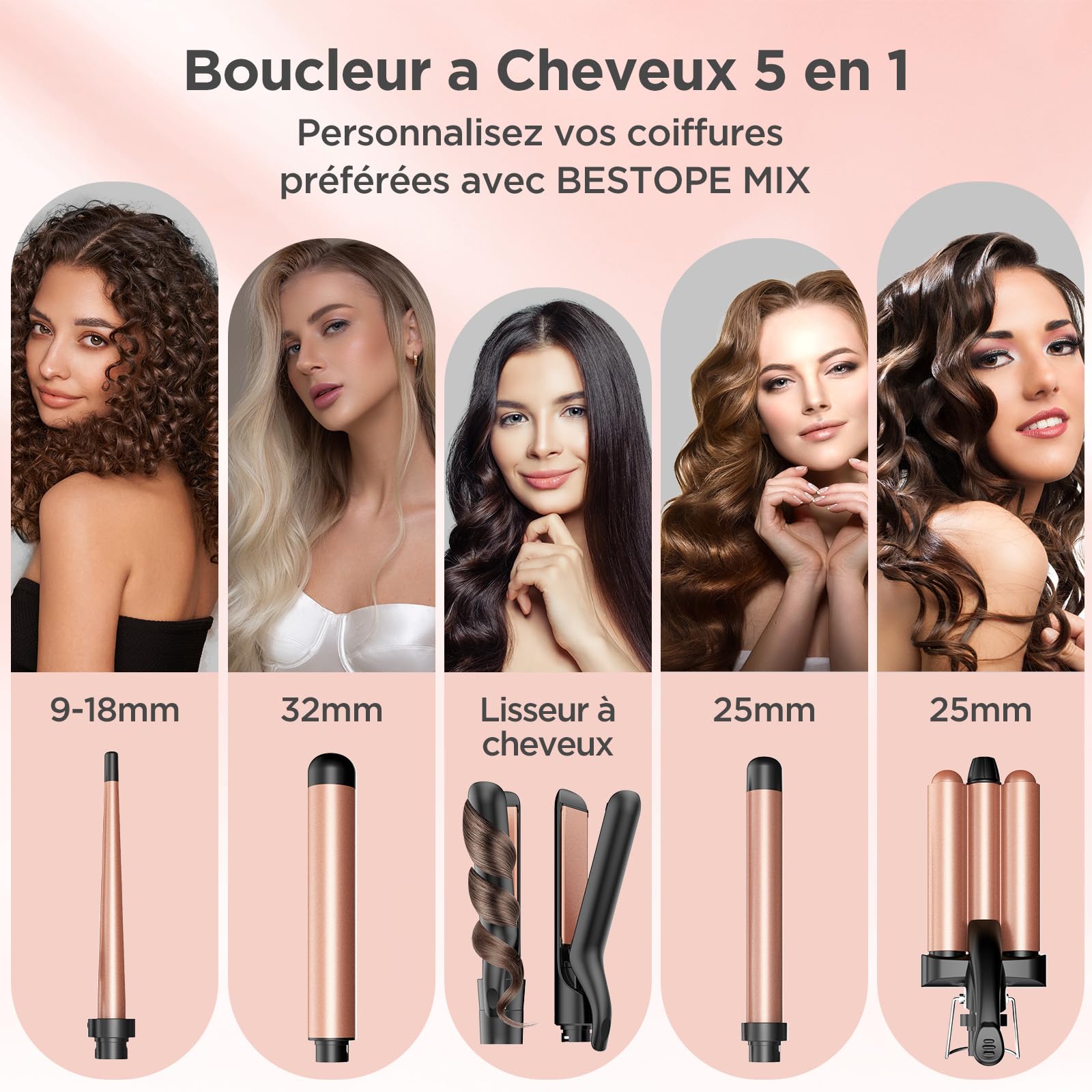 BESTOPE MIX Boucleur a Cheveux, Fer à Boucler 3 Tete avec un Lisseur Cheveux antistatique en céramique pour cheveux avec température réglable Réchauffement rapide Fer à Friser Rose Gold 5 en 1