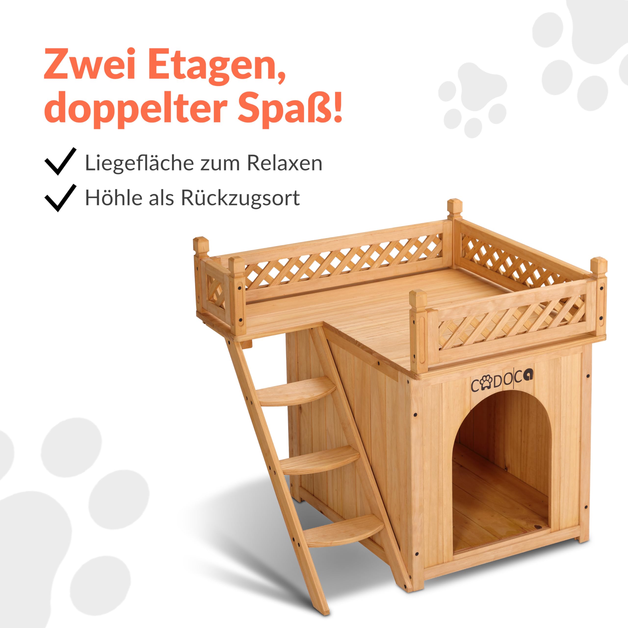 CADOCA® Tierhaus FSC®-Zertifiziert Kiefer 65x55x54cm 2-stöckig Treppe Sonnenterrasse Katzenhaus Katzenhütte Hundehütte Katzenvilla Lodge Balkon
