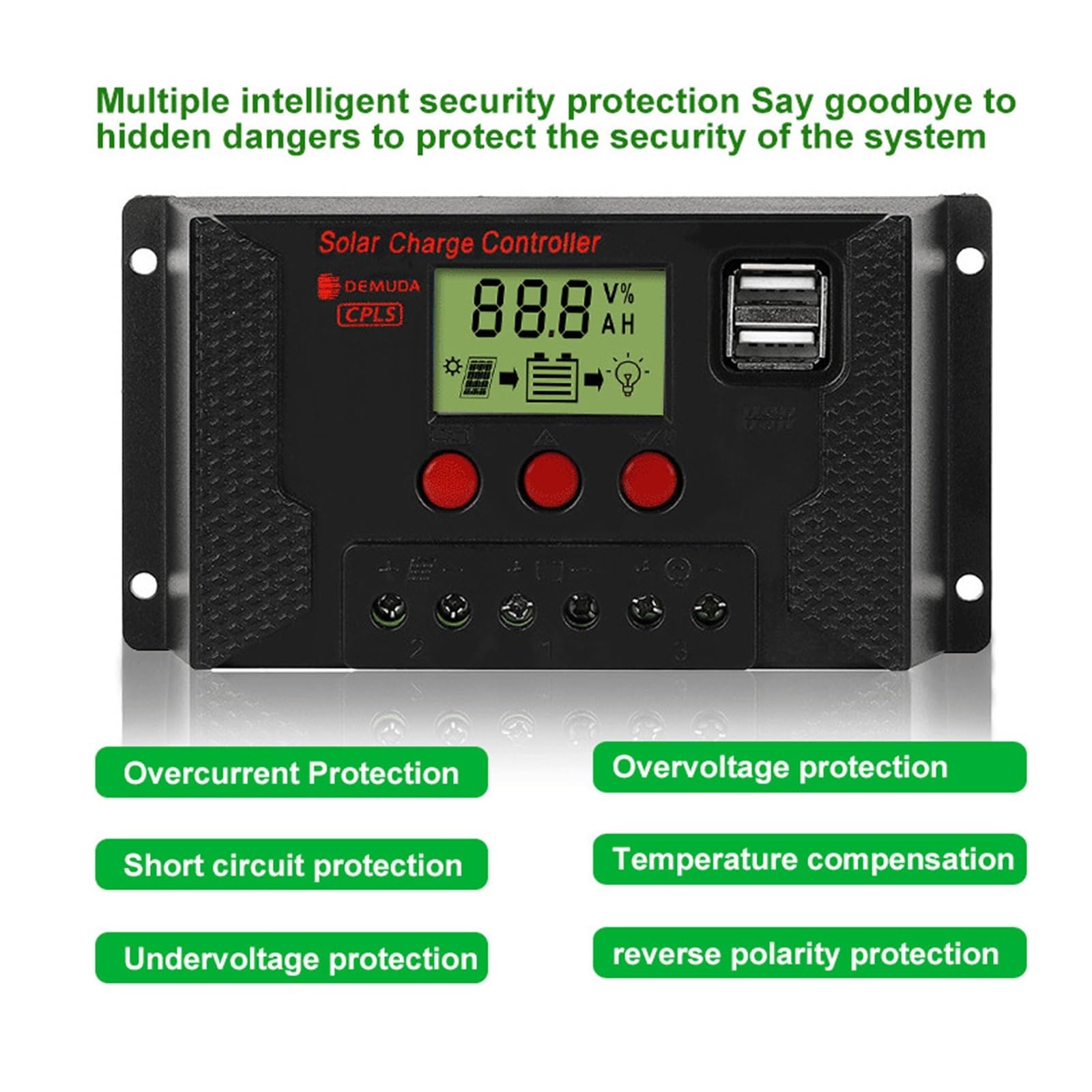 Regulator Słoneczny, Kontroler Słoneczny 10A-100A Adaptacyjny 12V 24V Akumulator Litowo-kwasowy Rozładowywanie Akumulatora Latarnia Uliczna PWM USB Kontroler Panelu Fotowoltaicznego(CPLS-70A)