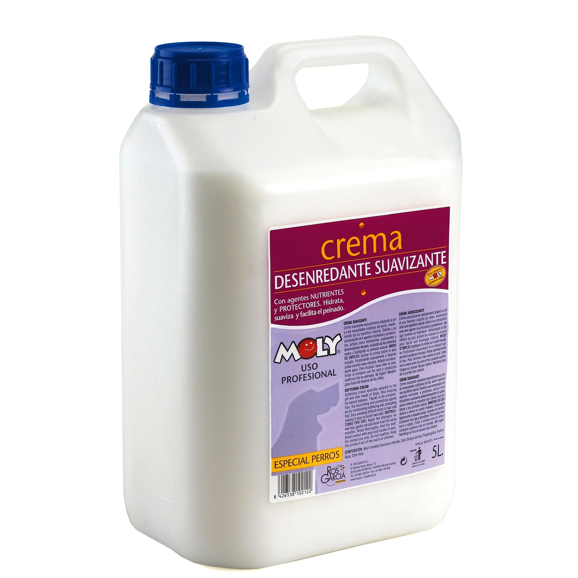 Moly Crema Suavizante Profesional 5 litros para Perros y Gatos | Formato Ahorro para Peluquería Canina | Desenredante con Colágeno | Hidrata Pelo Largo y Denso | Apto para Uso Frecuente