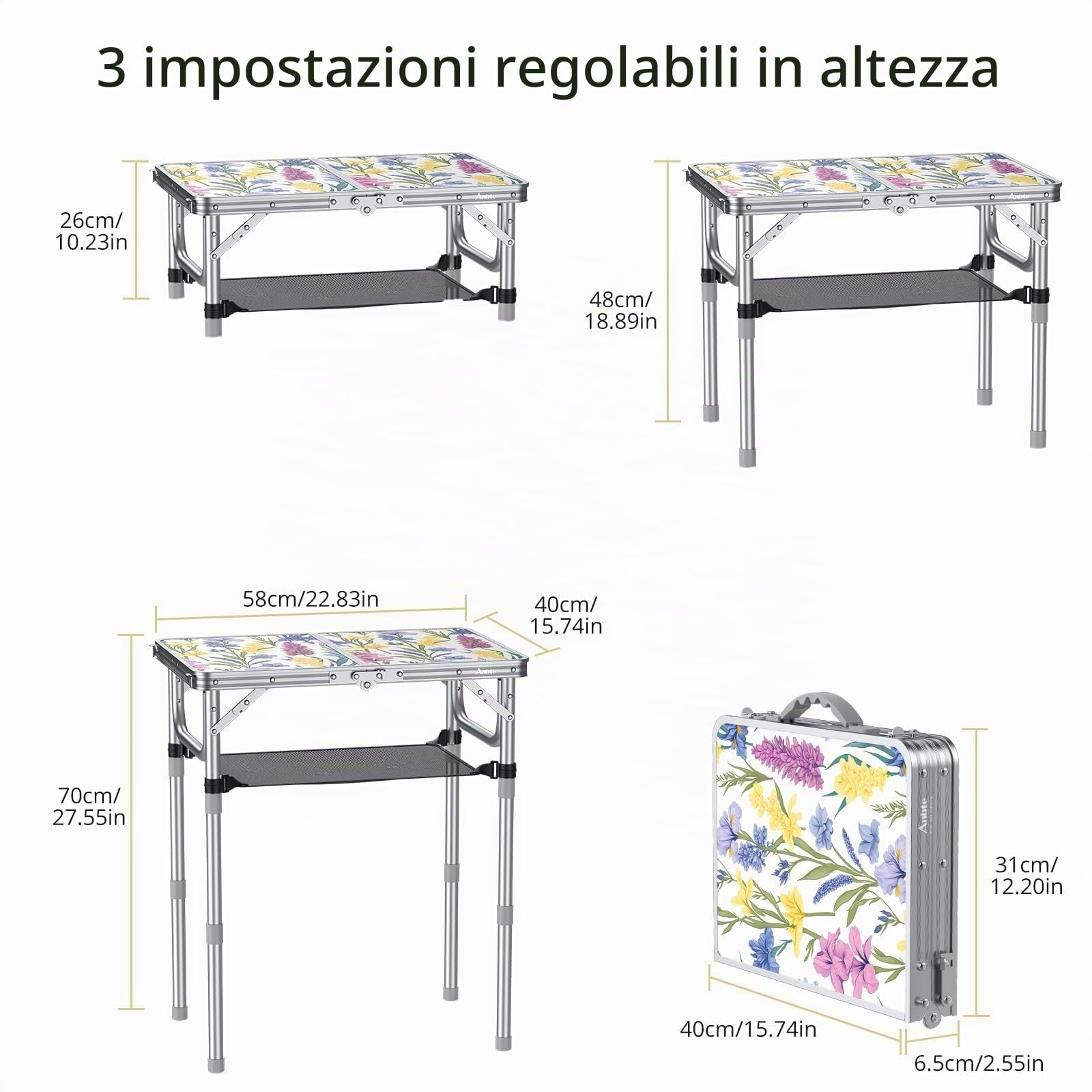 Anbte Tavolo Pieghevole da Esterno con Motivo Decorativo, Argento, 58x40 cm Altezza Regolabile a 70 cm, Piano in MDF Facile da Pulire, Leggero e Stabile per Giardin/Campeggio/Picnic