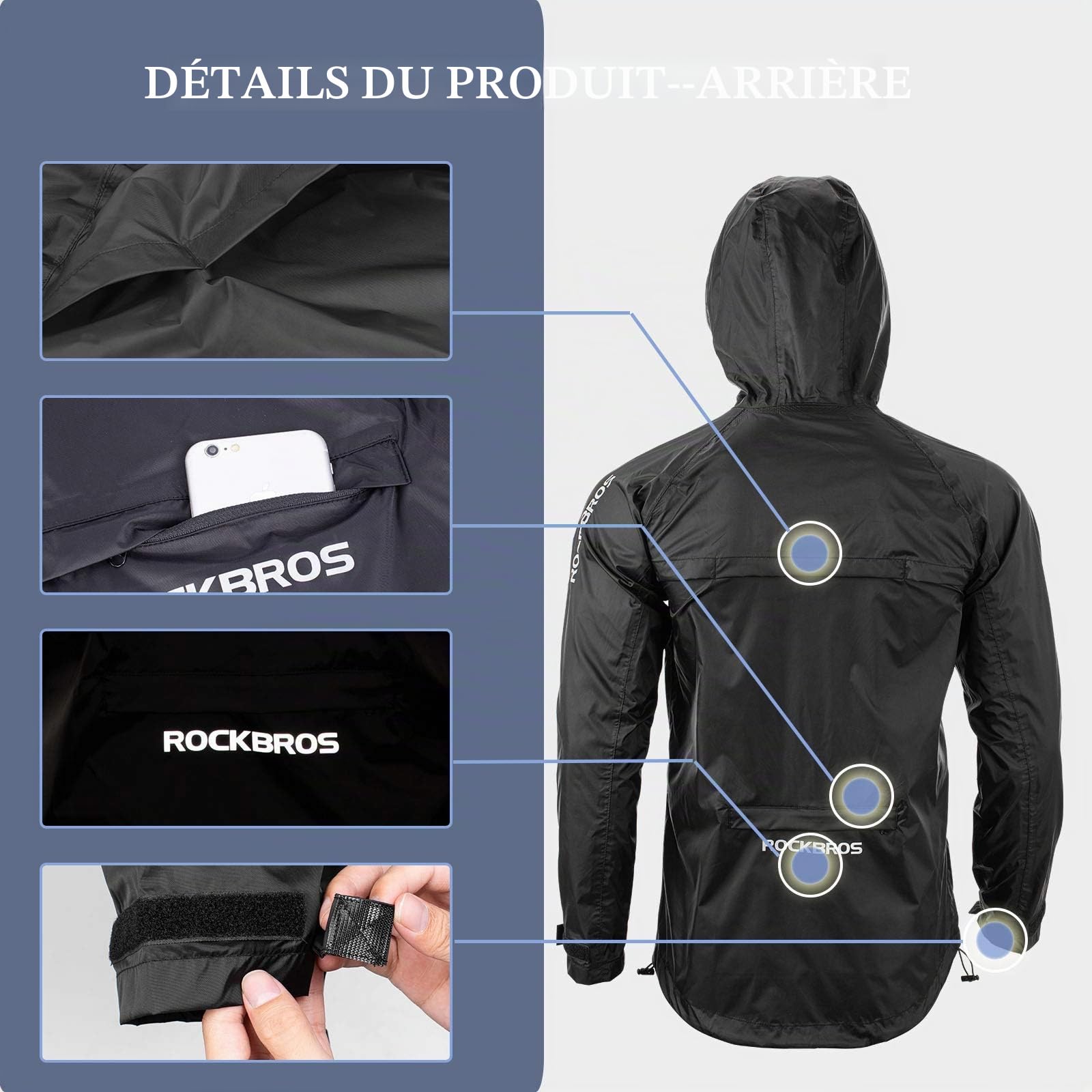 ROCKBROS Manteaux Imperméables Homme Veste de Pluie de Sport Pliable Coupe Vent pour Vélo Moto Camping Randonnée Portable Noir M-4XL