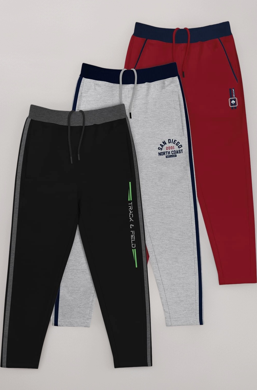 HELLCAT Boys Regular Fit Blended Cotton Stylish Track Pants - Pack of 3