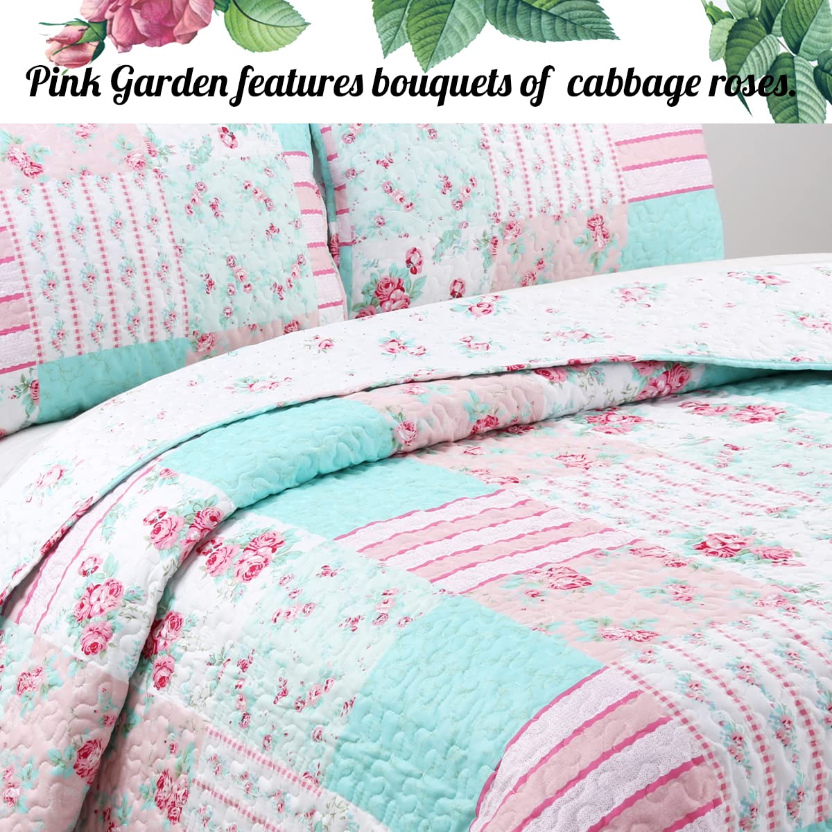 Cozy Line Home Fashions Bloom Floral Blue Rose Spring Reversible Quilt Bedding Set, Coverlet