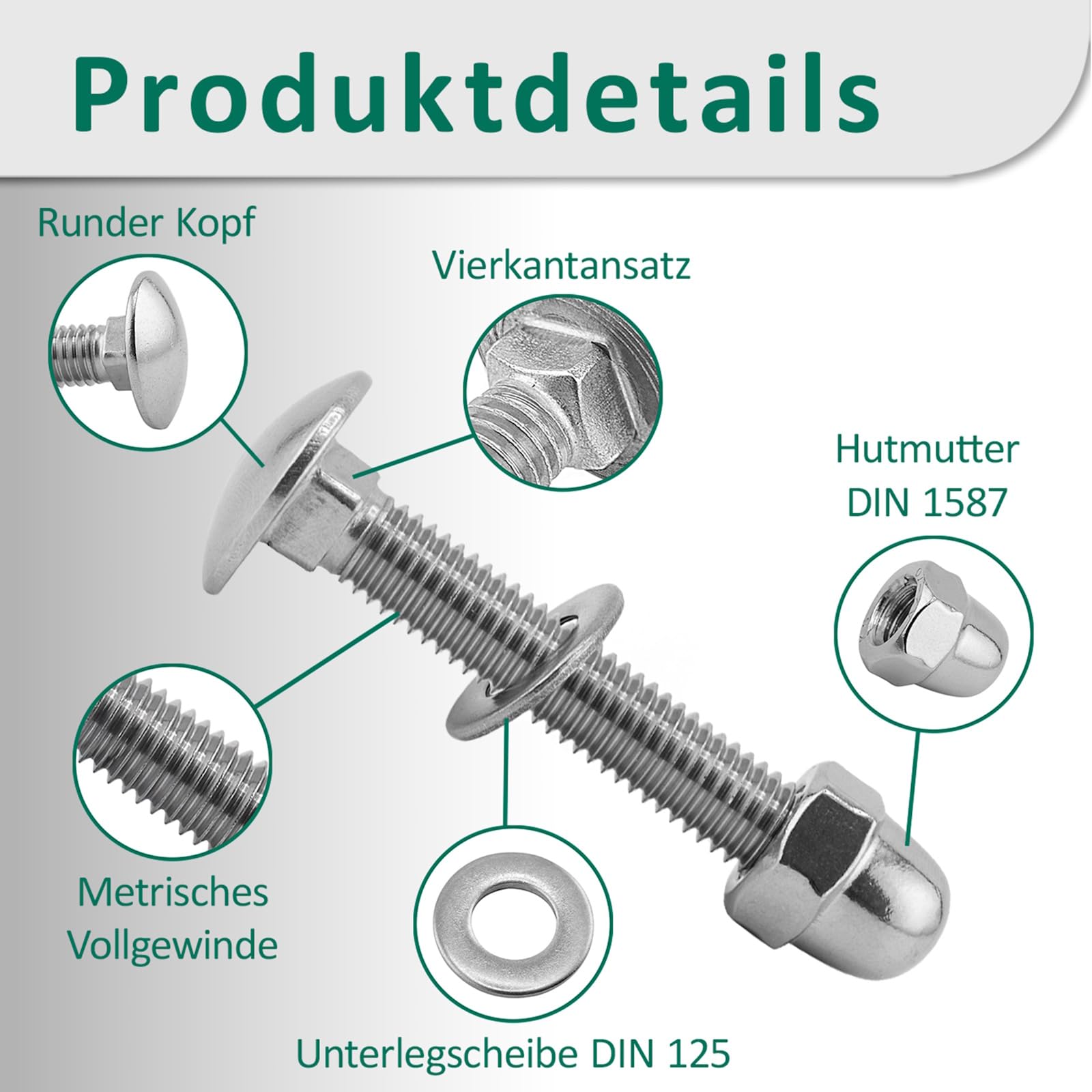 DSM – Viti a testa esagonale M6 x 60 mm secondo DIN 603 – Dado cieco M6 secondo DIN 1587 & Rondelle secondo DIN 125 – Acciaio inox A2/V2A – Filettatura completa – Viti a testa cilindrica con base