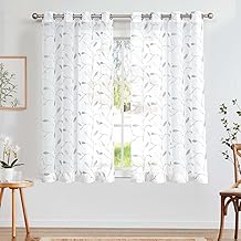 TOPICK Sheer Curtain Voile Curtains with Eyelets Leaf Embroidery Transparent Eyelet Curtain Gauze Pair Eyelet Curtains Leaf for Living Room Bedroom Store Curtains Decor Set of 2 Grey on White 140 x 175 cm