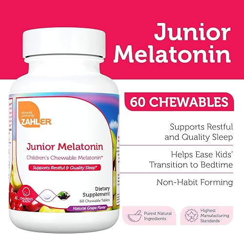 Miniatura 2 de Zahler Melatonina para niños 1 mg masticable, suplemento de apoyo para dormir de acción rápida para niños, Kosher, delicioso sabor a uva, 60