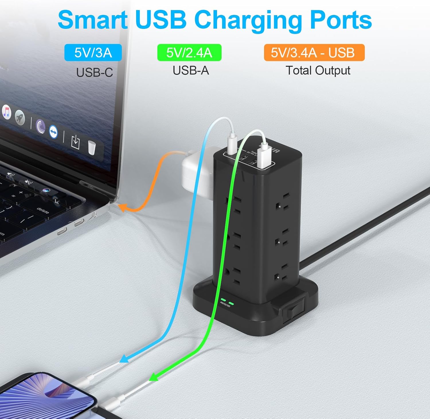 BEVA Power Strip Tower with USB Ports, Surge Protector with USB Ports, 12 AC and 4 USB Ports, 10 FT Extension Cord with Power Surge Tower, Office Supplies Office Organization Dorm Room Essentials 10 FT Black image 3 of 8 B0BGGK8LRH