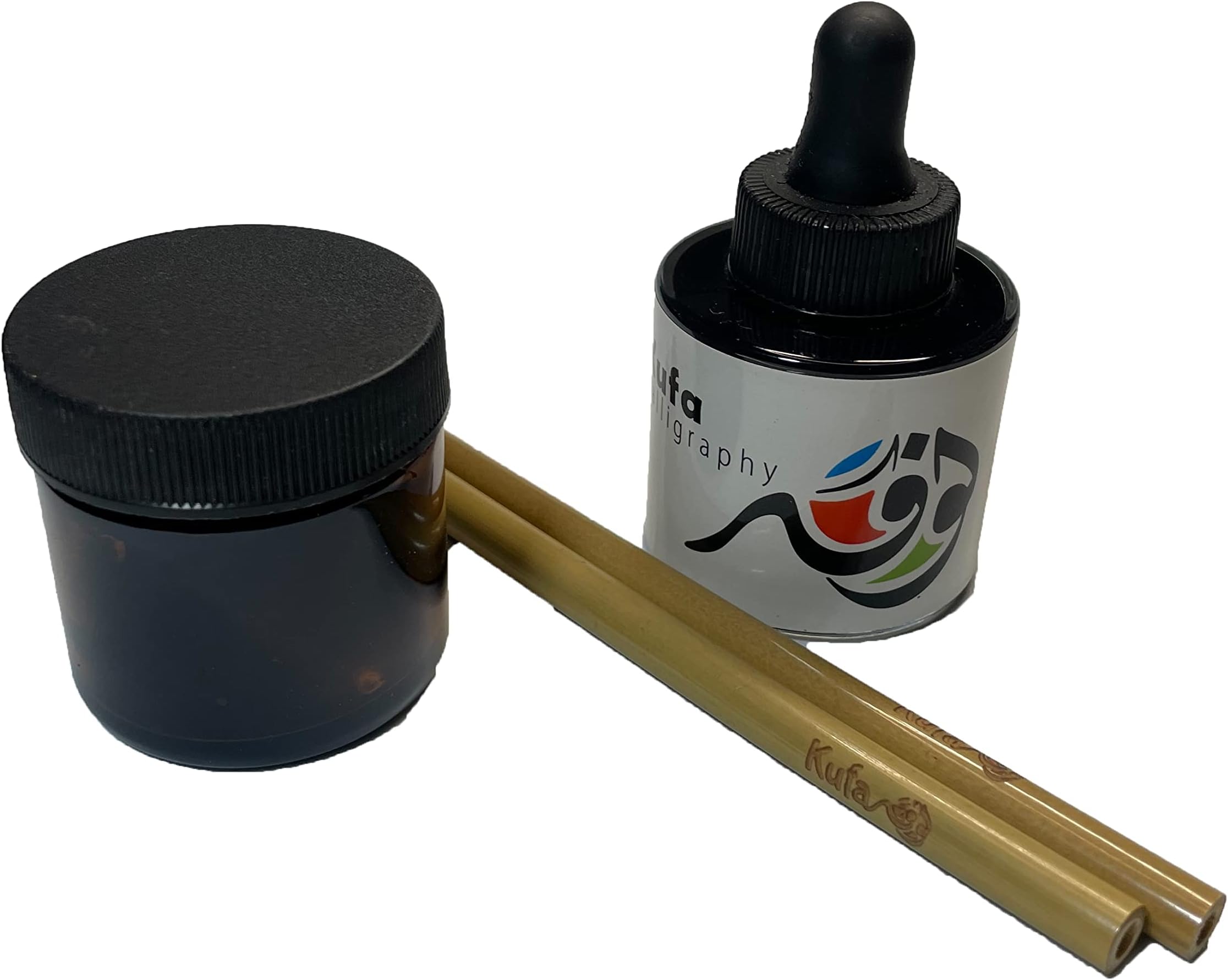 Arabic Calligraphy set 2 Reed pens, Black Ink and plastic ink jar