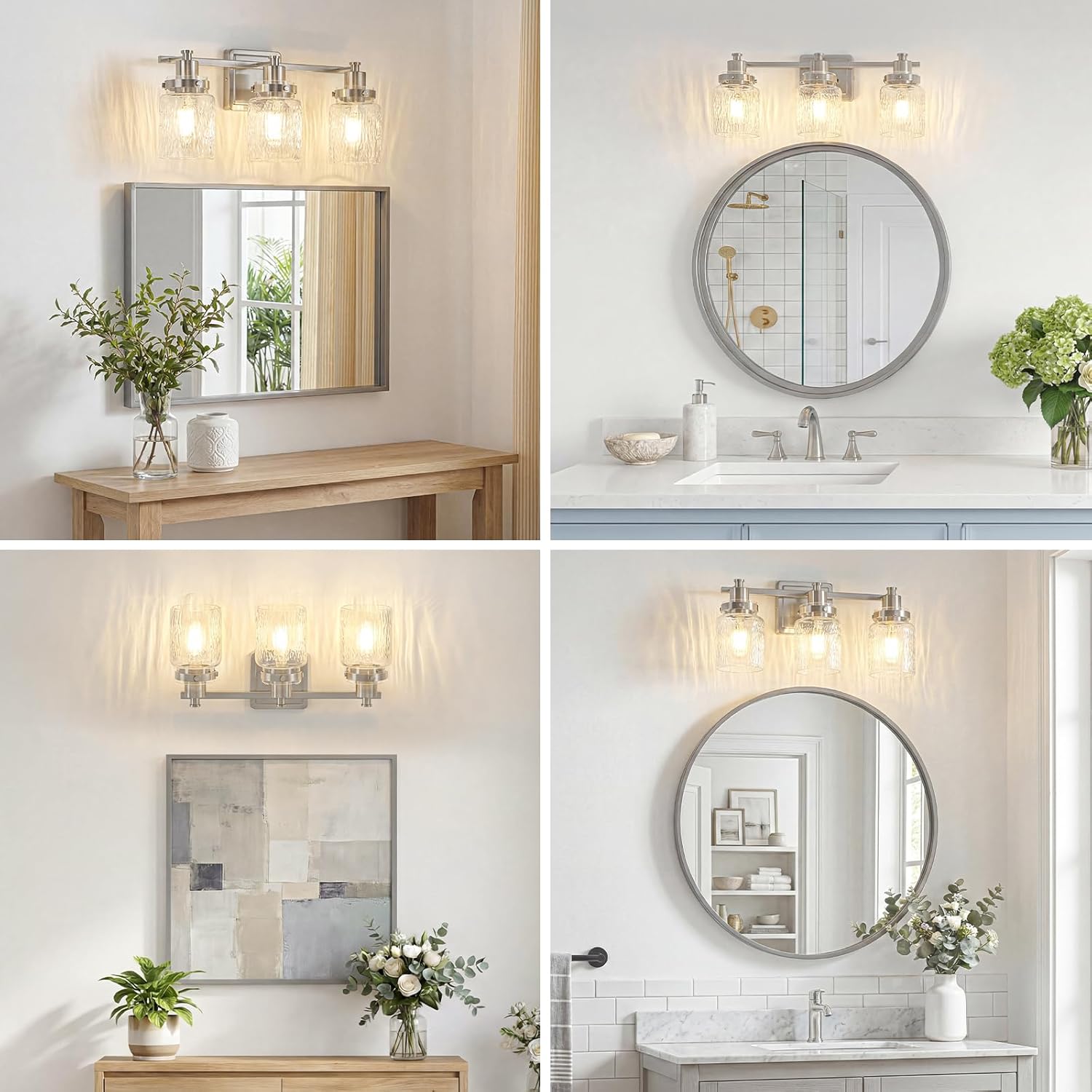 3 Lights Bathroom Light Fixtures Farmhouse Brushed Nickel Vanity Lights for Bathroom Lighting Fixtures Over Mirror with Hammered Glass Lampshade for Cabinet Mirror Bedroom Hallway