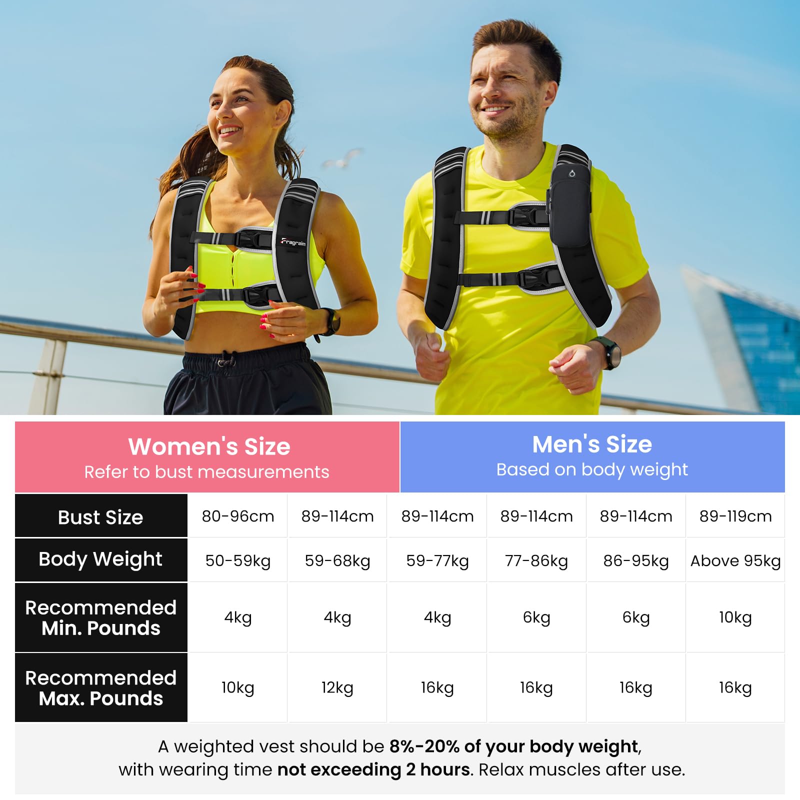 Fragraim Chaleco Lastrado, Chaleco con Peso de 6 kg/8 kg/10 kg/12 kg/16 kg para Mujeres y Hombres con Banda Reflectante, Bolsa para Teléfono Desmontable, Ideal para Caminar, Entrenamiento de Fuerza