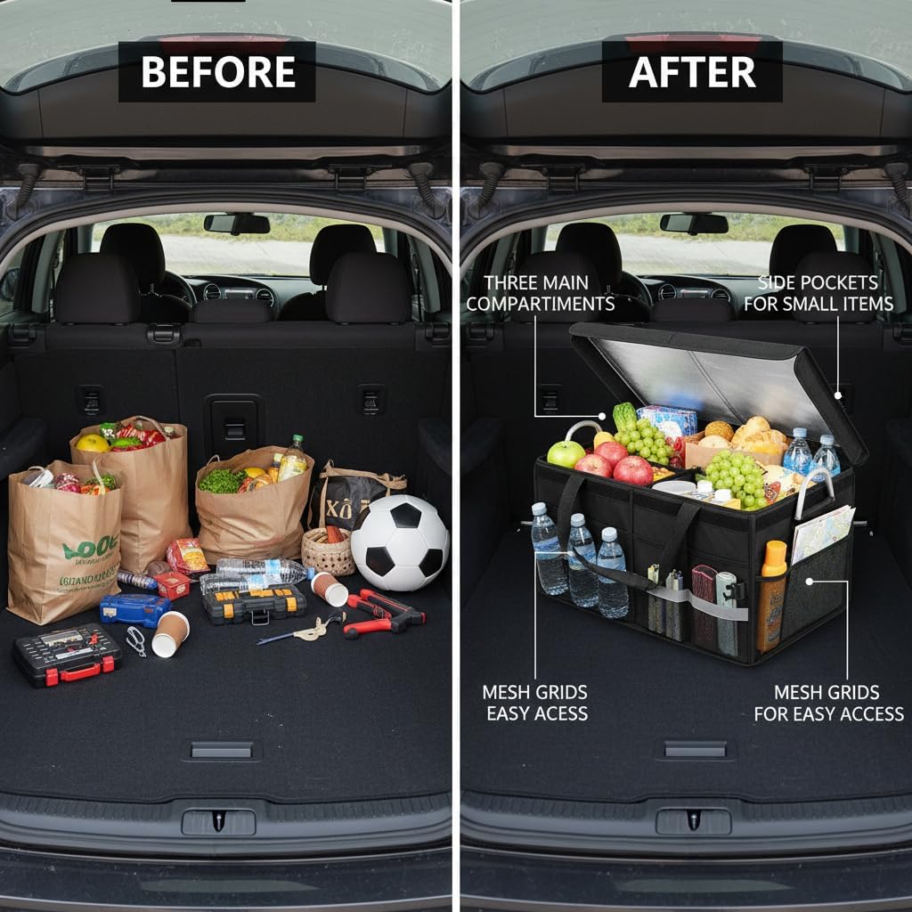 Car & Outdoor Foldable Insulated Oxford Fabric Trunk Organizer Cooler Multi-Compartment Heavy-Duty Storage for Camping & Picnics