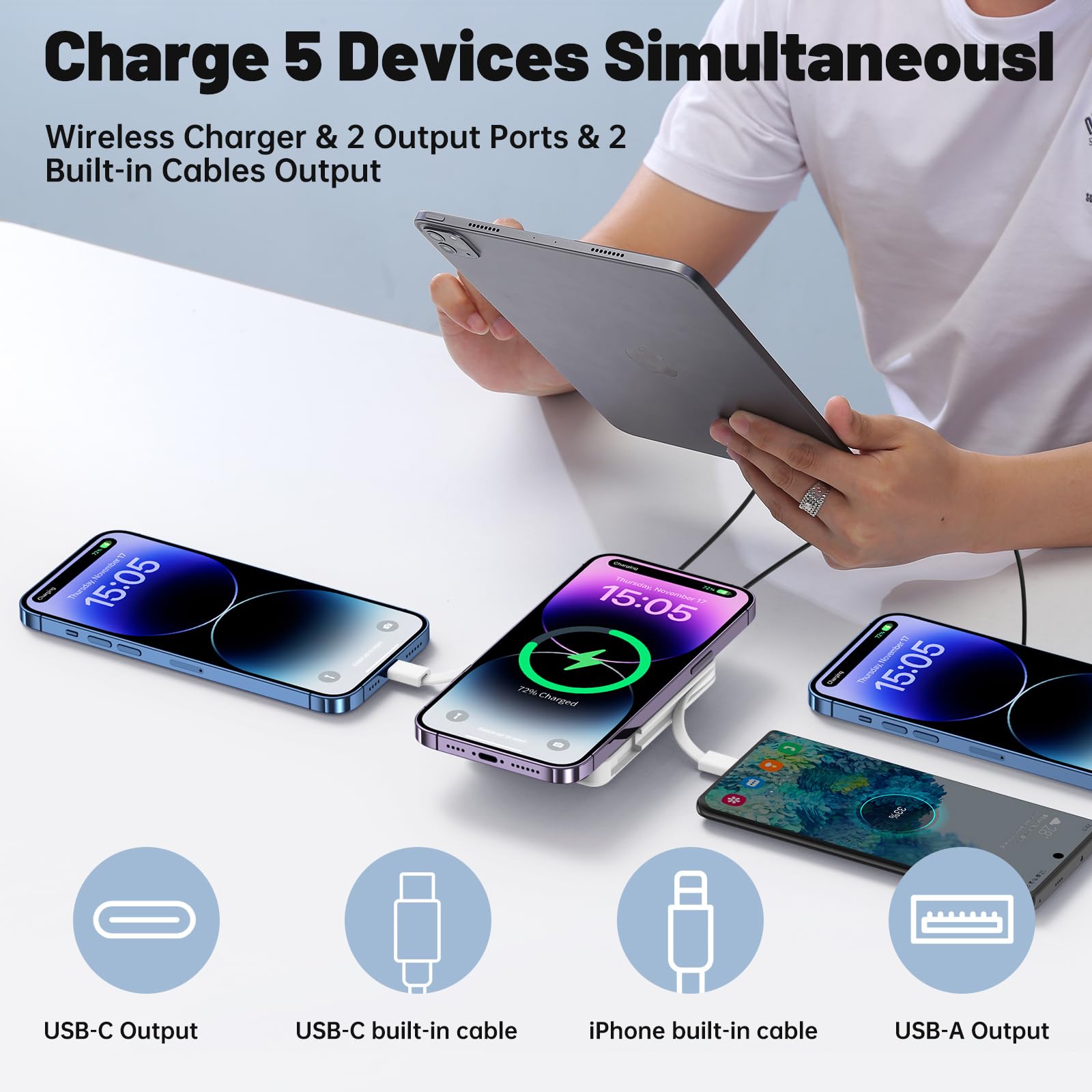 Yiisonger Magsafe Powerbank 10000mAh, Caricatore Portatile Magnetico Wireless 22,5W, Ricarica Rapida con Display LED e cavo di ricarica USB-C/Lighting per iPhone 15/14/13/12 Pro/Pro Max/Mini/Plus