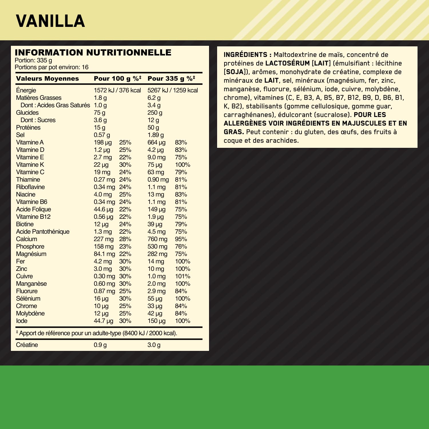 Optimum Nutrition Serious Mass Poudre de Protéine Gain de Masse Hautement Calorique 25 Vitamines Minéraux Créatine Glutamine Vanille 5.45 kg