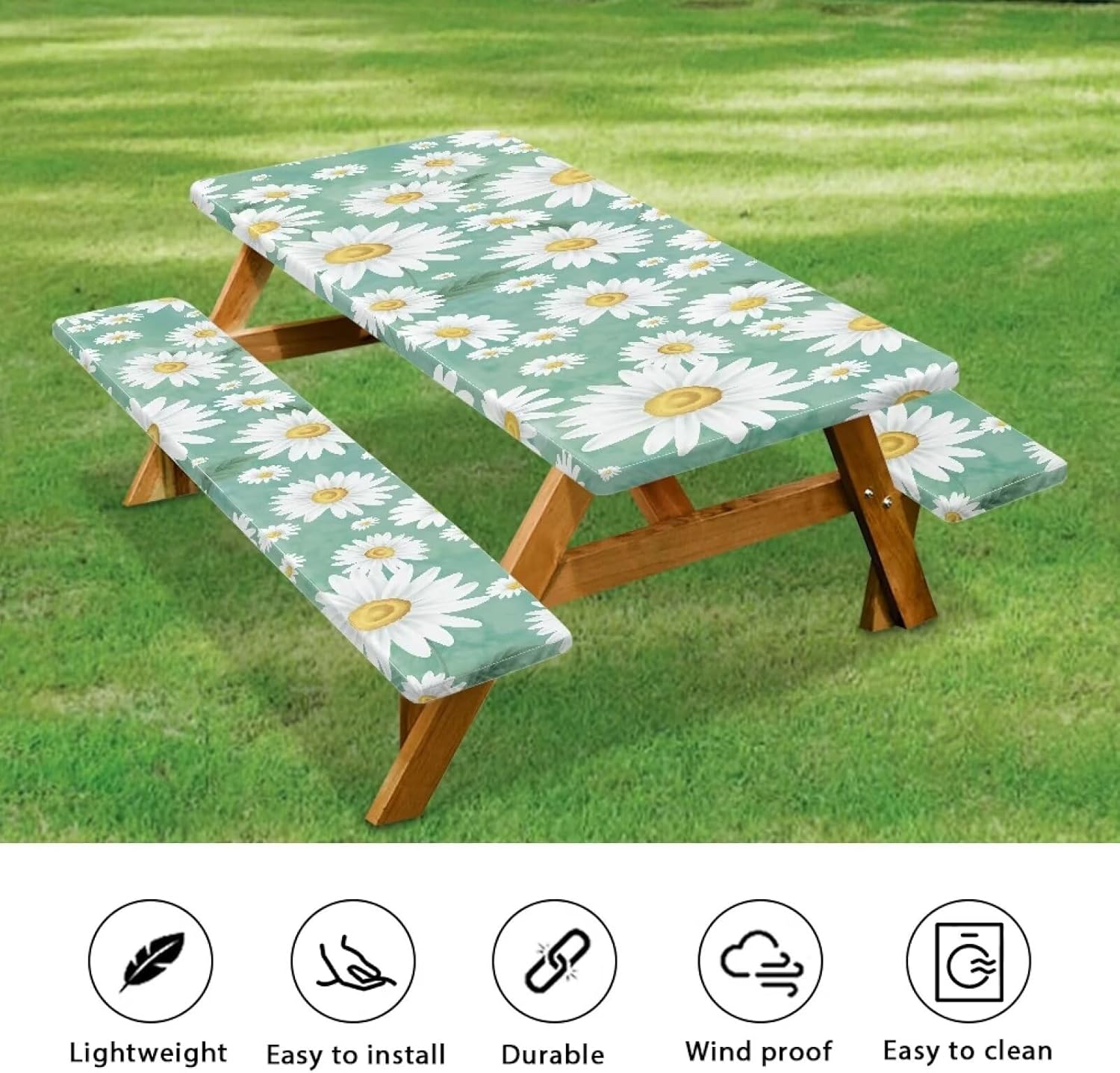 Picnic Table Cover with Bench Covers Teal Daisy Fitted Rectangle Tables Patio Tablecloth Camping Gear and Essentials Rv Accessories Road Trip Supplies Car Travel Must Haves 3pcs-94" x 30"