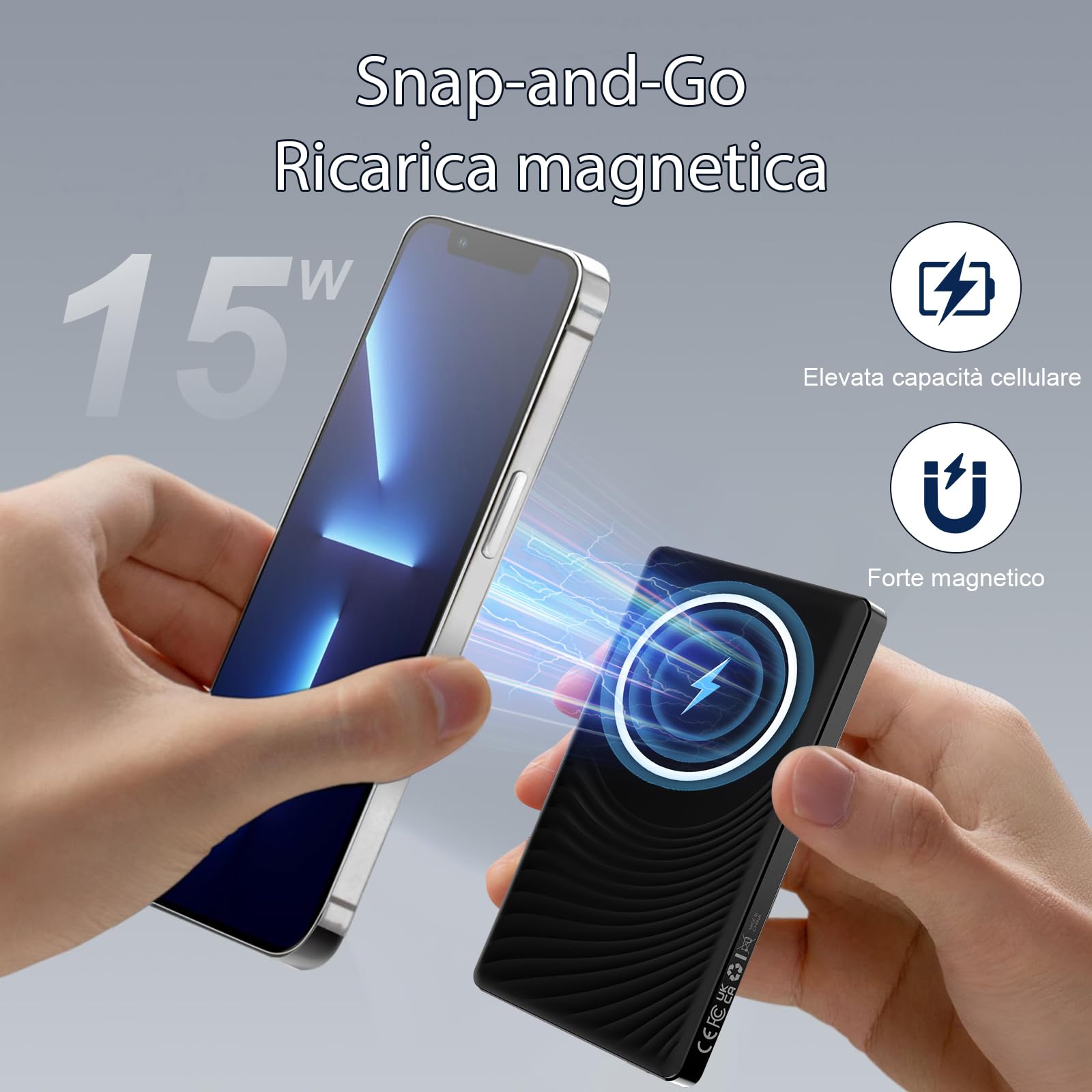 Dbasne Power Bank Magnetico, PD QC 3.0 Caricatore Portatile Wireless Ultrasottile 5000mAh, 20w Ricarica Rapida Batteria Esterna con e cavo di ricarica USB-C per iPhone 16/15/14/13 Pro/Plus(Nero)