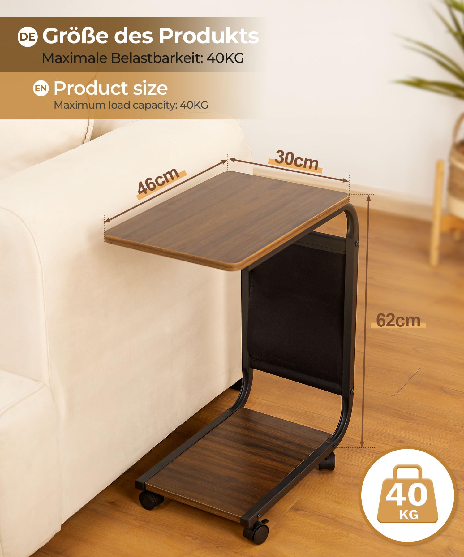 Yorbay Tavolino in legno, divano con ruote e custodia, tavolino portatile a forma di C con struttura in metallo, 46 x 30 x 62 cm, tavolino da salotto, caffè e computer portatile