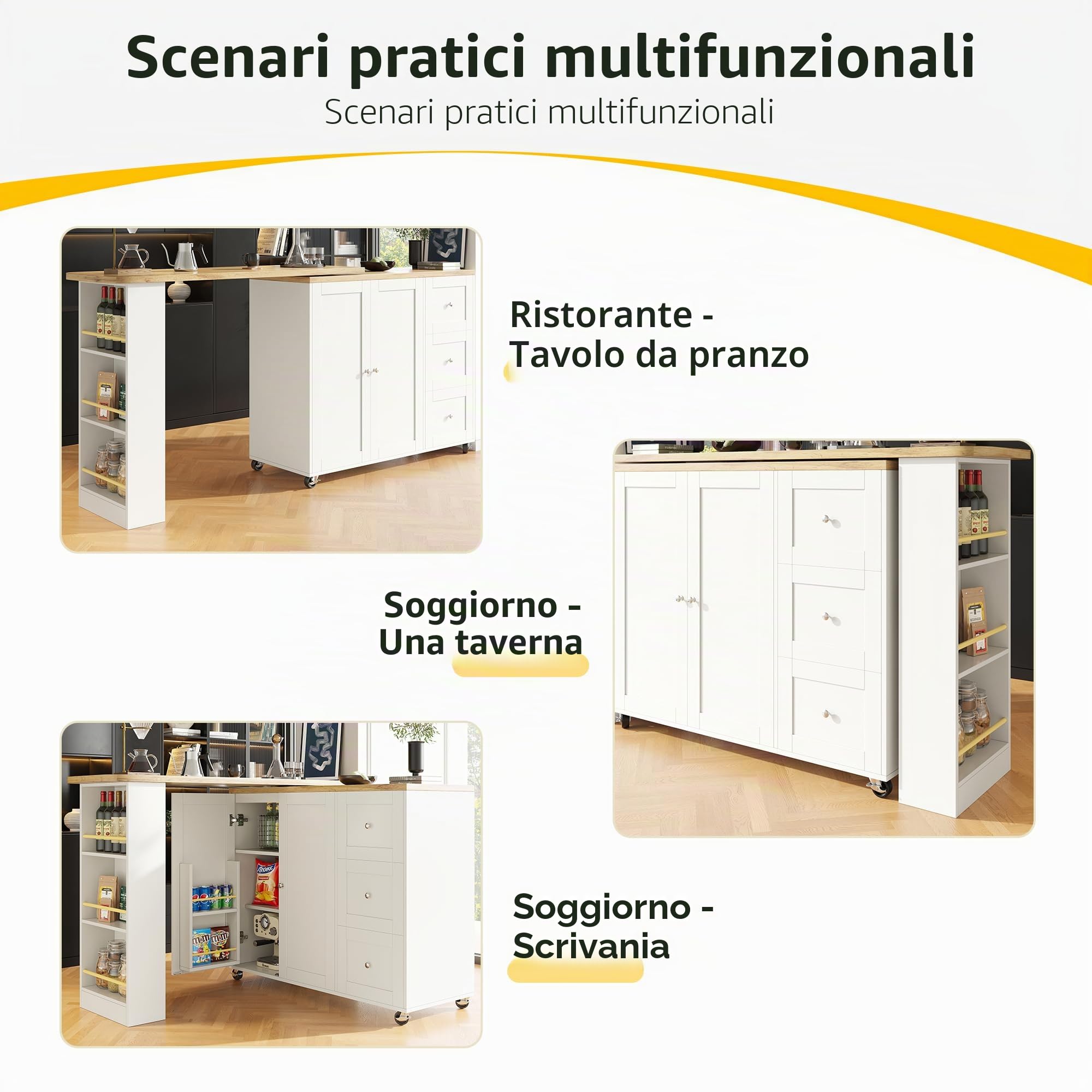 SogesHome Tavolo da bar girevole a 360° con isola della cucina, carrello da cucina su ruote con 3 cassetti, 2 porte, porta snack e ripiano laterale per cucina, sala da pranzo, soggiorno, 138-209 x 39