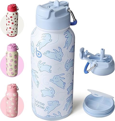 BOTTLE BOTTLE Botella de agua aislada de 32 onzas de acero inoxidable deportiva con popote de doble uso, diseño de tapa para gimnasio con pastillero