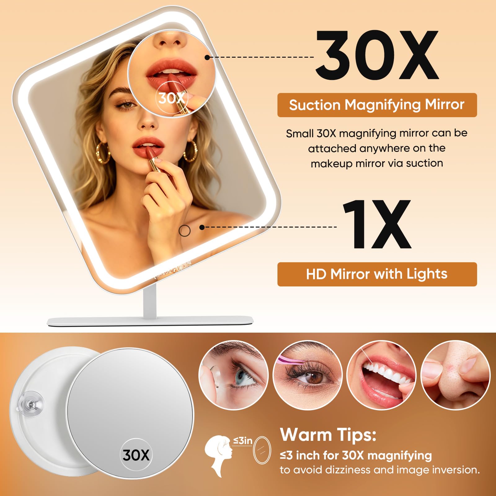 FUNTOUCH Espejo de tocador grande con luces, 4500 mAh, recargable, iluminado con aumento de 30x, 3 luces regulables de color, control táctil, rotación de 360°, regalo para mujer, para dormitorio