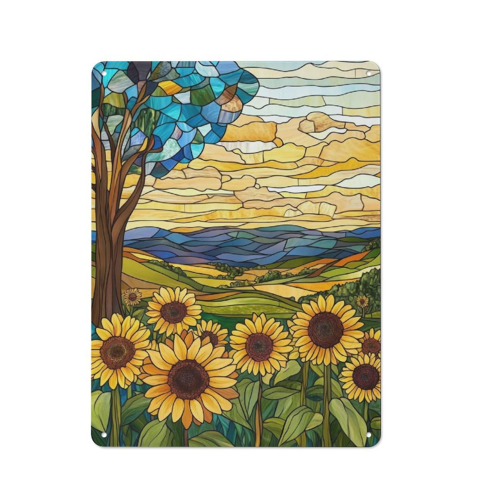 Junmoney Stained Glass Sunflower Field Tin Wall Plaque 40X30cm, Rustic Farmhouse Wall Decor For Dining Room, Cafe, Entryway Or Family Room