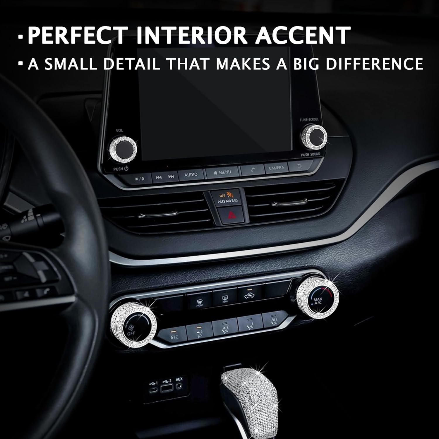 7PCS Crystal Knob Cover Trim Set - Zinc Alloy Rhinestone Interior Upgrade Bling Accessories, Stylish Control Knob Caps Compatible with 2019-2026 Nissan Altima with 8" Screen