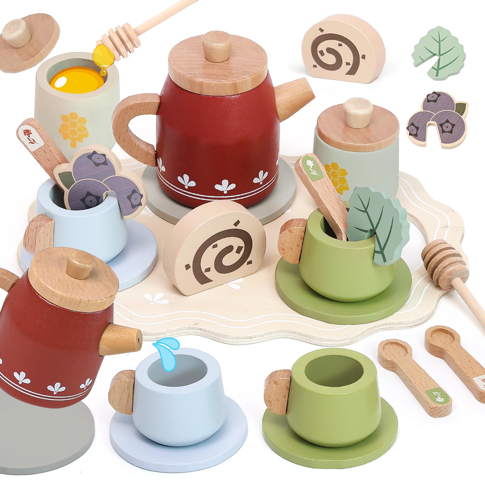 Masonbaby Wooden Tea Set for Little Girls, Play Food Sets for Kids Pretend Play Kitchen Accessories, Princess Toys Tea Party Set, Role Play Educational Toy for Girls Boys - Red