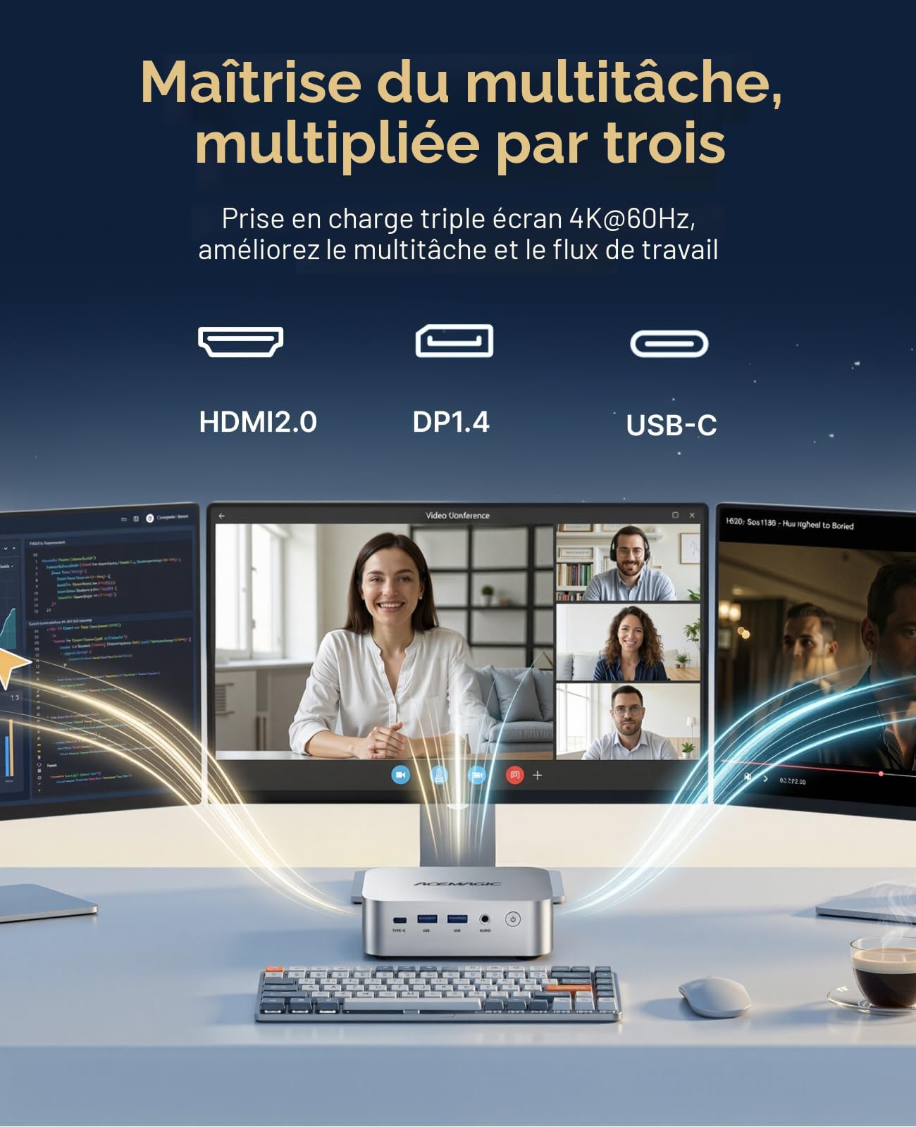 ACEMAGIC Kron Mini K1 Mini PC, AMD Ryzen Embedded R2544 (4C/8T,3.7 GHz), 8Go DDR4 256 Go SSD W-11 Pro Mini Ordinateur de Bureau, Triple écran 4K/WIFI5/BT4.2 pour Éducation/Bureau