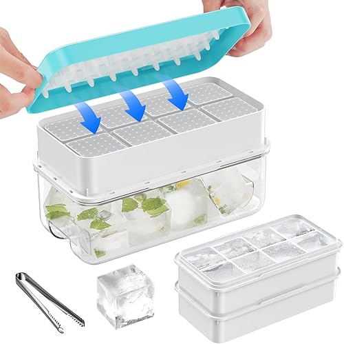 PHINOX Bandeja grande para cubitos de hielo con tapa y contenedor, azul-2tier