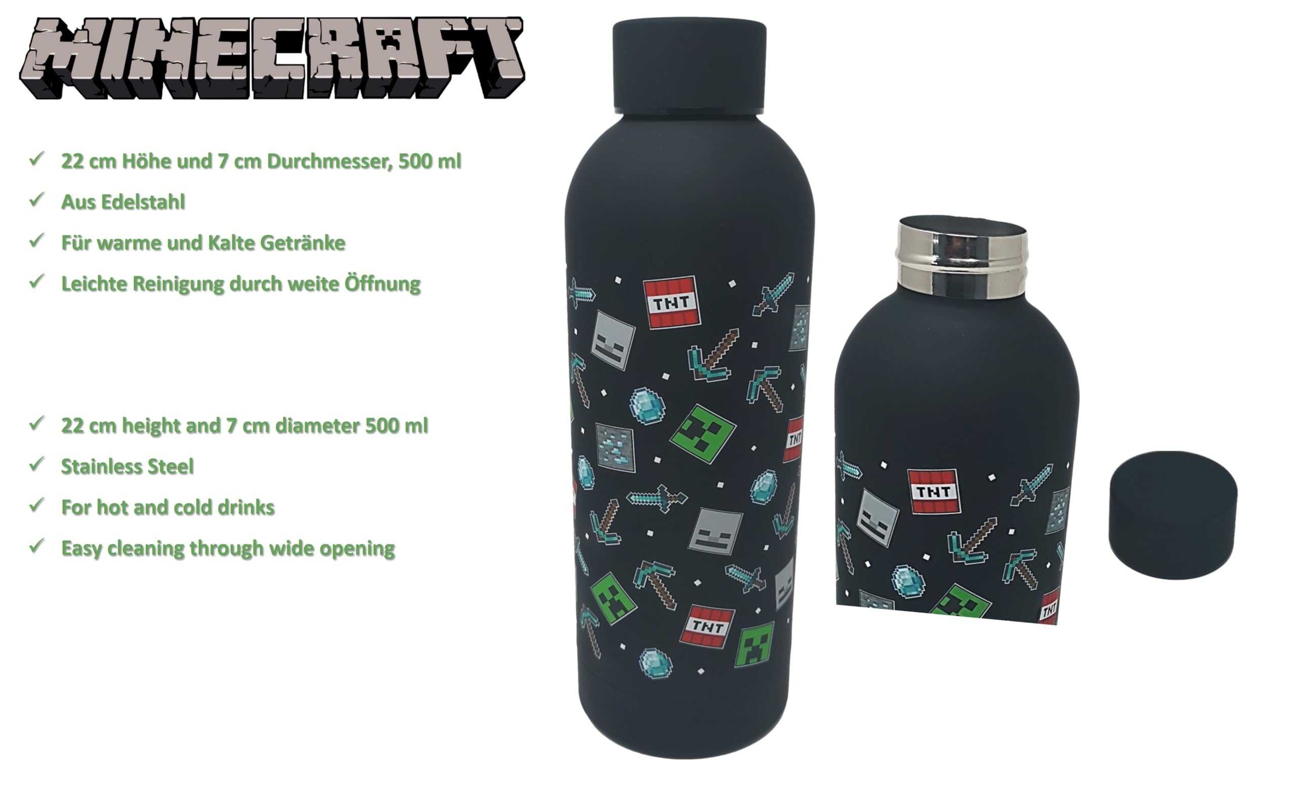 Theonoi Brotdose Set Minecraft Creeper Kinder Lunchbox Sandwichbox mit Unterteilung /Fächern und Trinkflasche Wasserflasche aus Stahl (Schwarz)