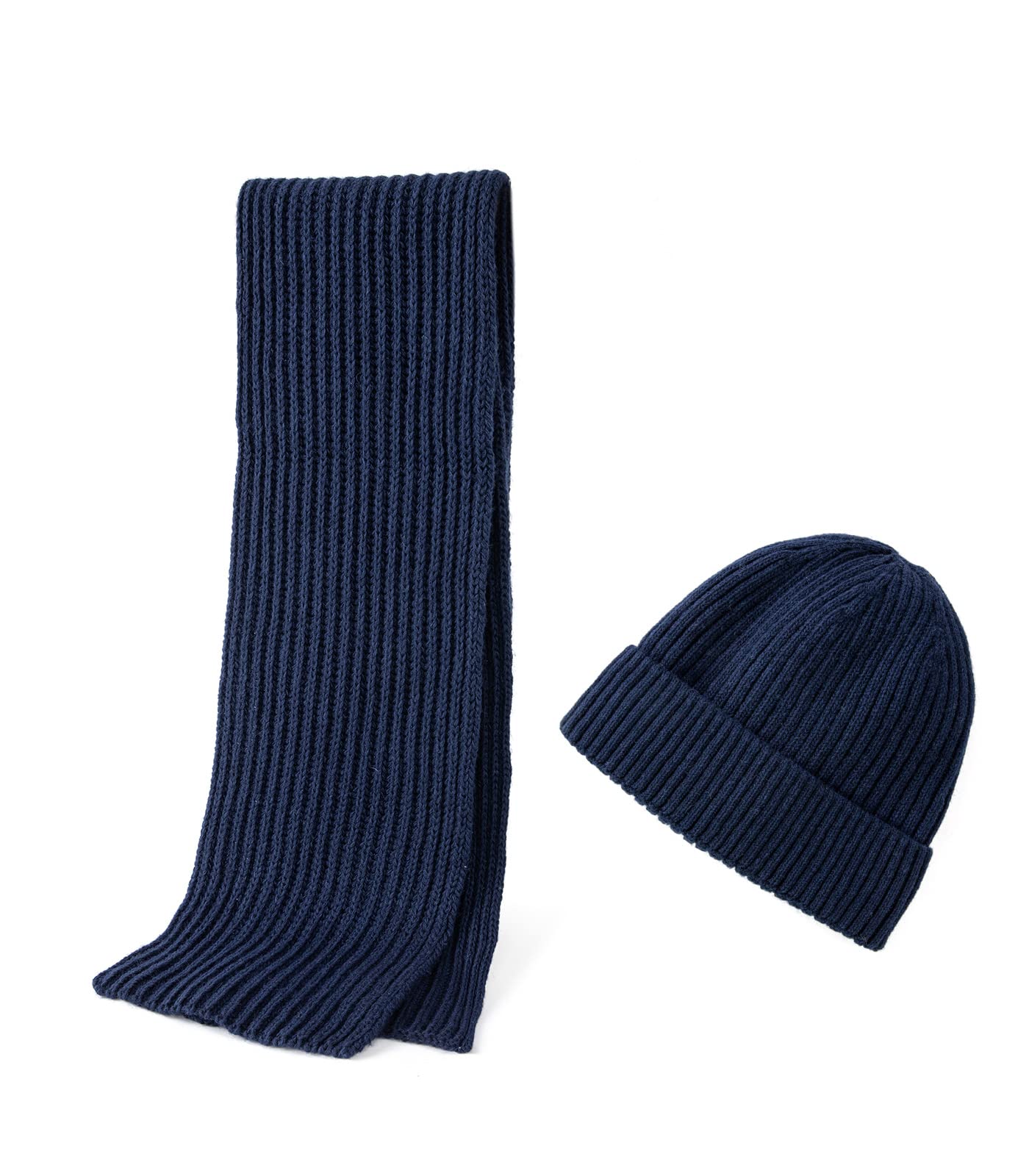 Embouro 2PCS Merino Wool Knit Beanie Scarf Set for Men & Women, Winter Soft Warm Long Scarves with Wool Beanie Hat (Navy)