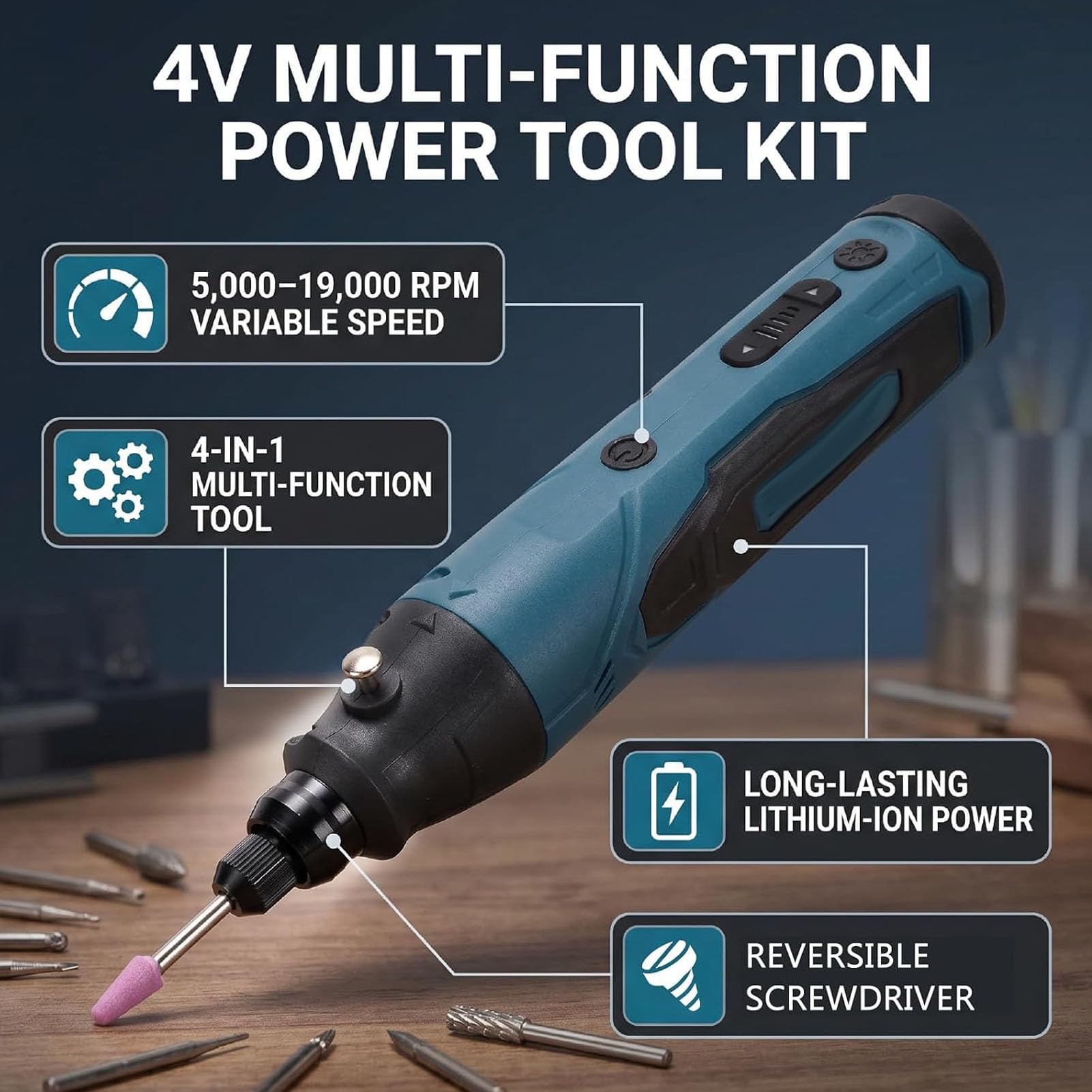FTVOGUE Kit Utensile Rotativo Senza Fili, Set Multifunzione 4 in 1 per | Testine Intercambiabili, 5 velocità Fino a 19.000 Giri/min, Batteria 2000 MAh con Ricarica Type-C, Ideale per Bricolage e