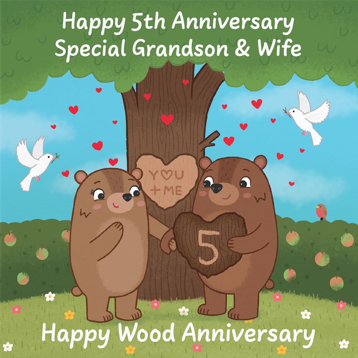 Hunts England, Grandson And Wife 5th Anniversary Card, Wood Anniversary, Fifth Anniversary, 5 Years, Cute Fun Bears Card - Image 2
