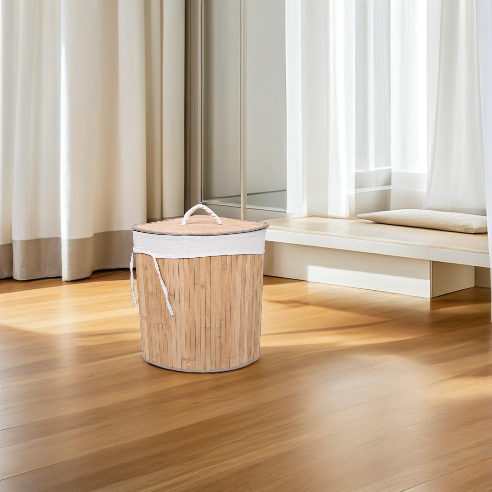 INOOMP Cesto Porta Biancheria Triangolare con Coperchio Design Salvaspazio in Bambù e Tessuto Colore Beige per Angolo Camera e Casa 35x50cm